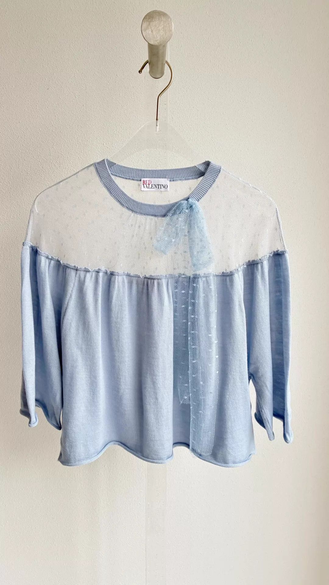 Valentino Valentino Women's XS Oversized Blue Mesh 3/4 Bow Top Size XS / US 0-2 / IT 36-38 - 1 Thumbnail