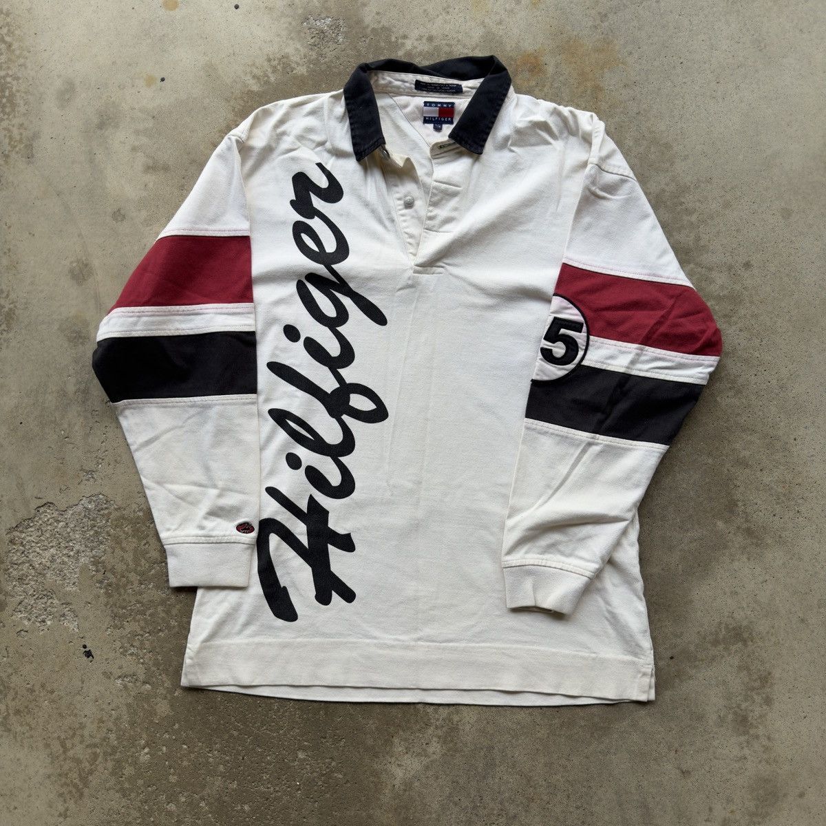 image of Tommy Hilfiger Striped Logo Rugby Shirt L in White, Men's (Size Large)