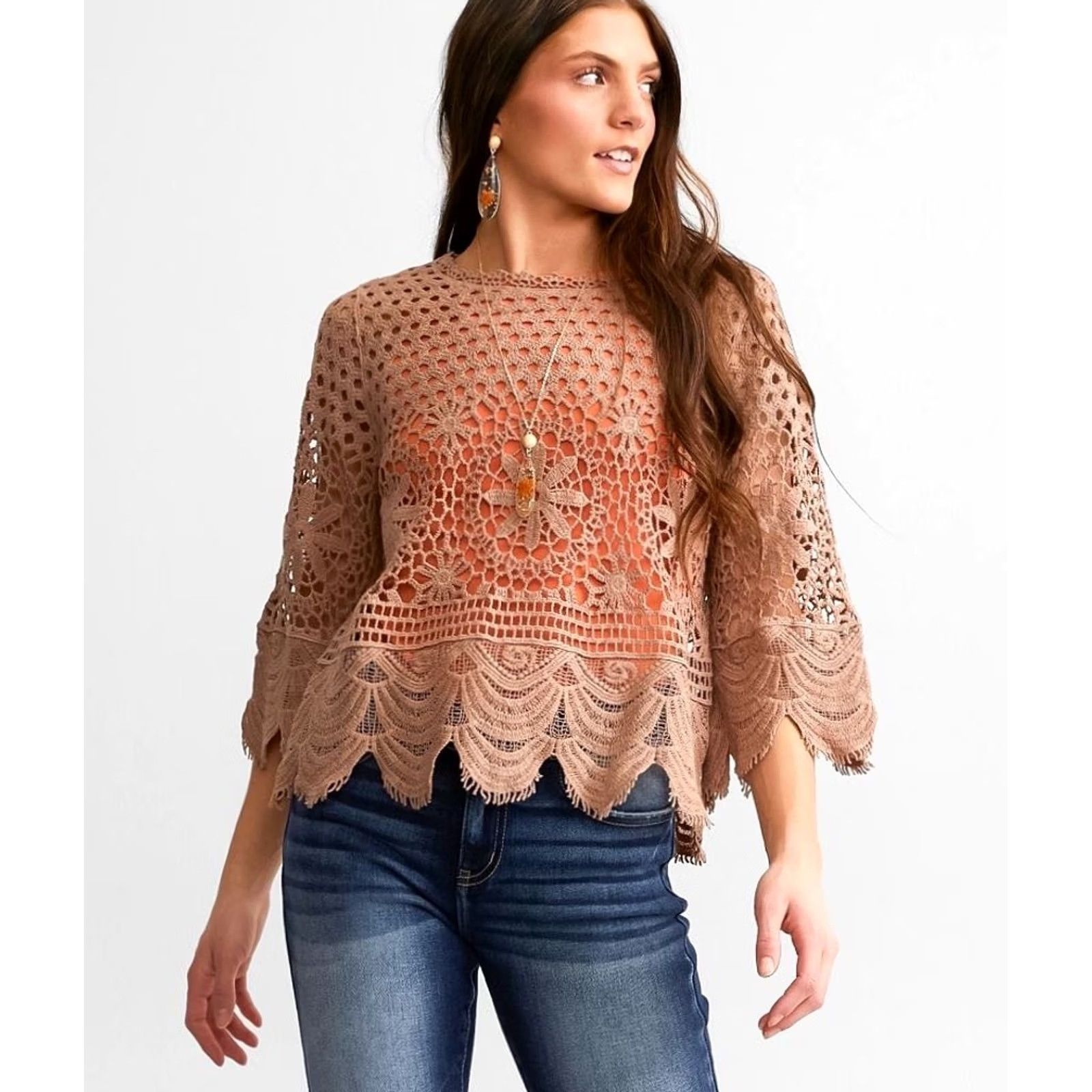 Vintage Buckle Daytrip Women Blouse 3/4 Sleeve Top M Chanterelle Open Weave Eyelash Crochet Lace Brown Scalloped Crochet Breathable Lightweight Casual Knit Size M / US 6-8 / IT 42-44 - 4 Thumbnail