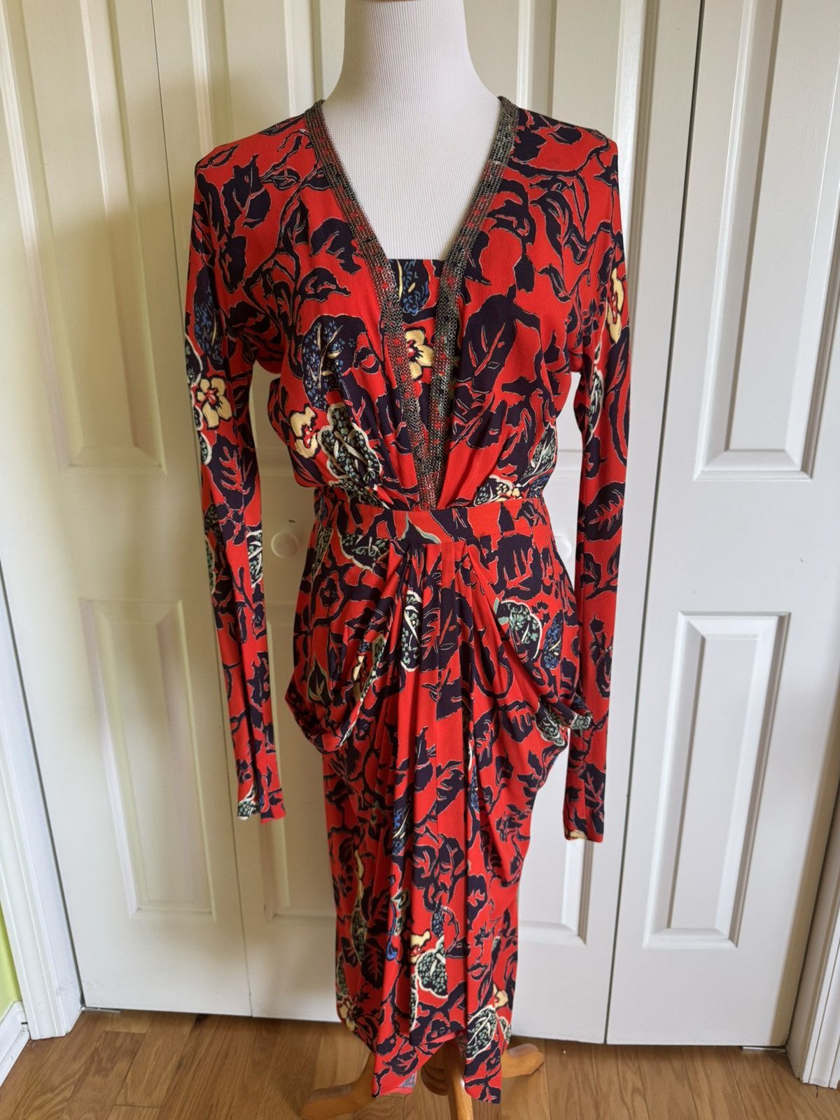 Etro ETRO Red Floral Draped Midi Dress 10/48 Size XL / US 12-14 / IT 48-50 - 1 Thumbnail