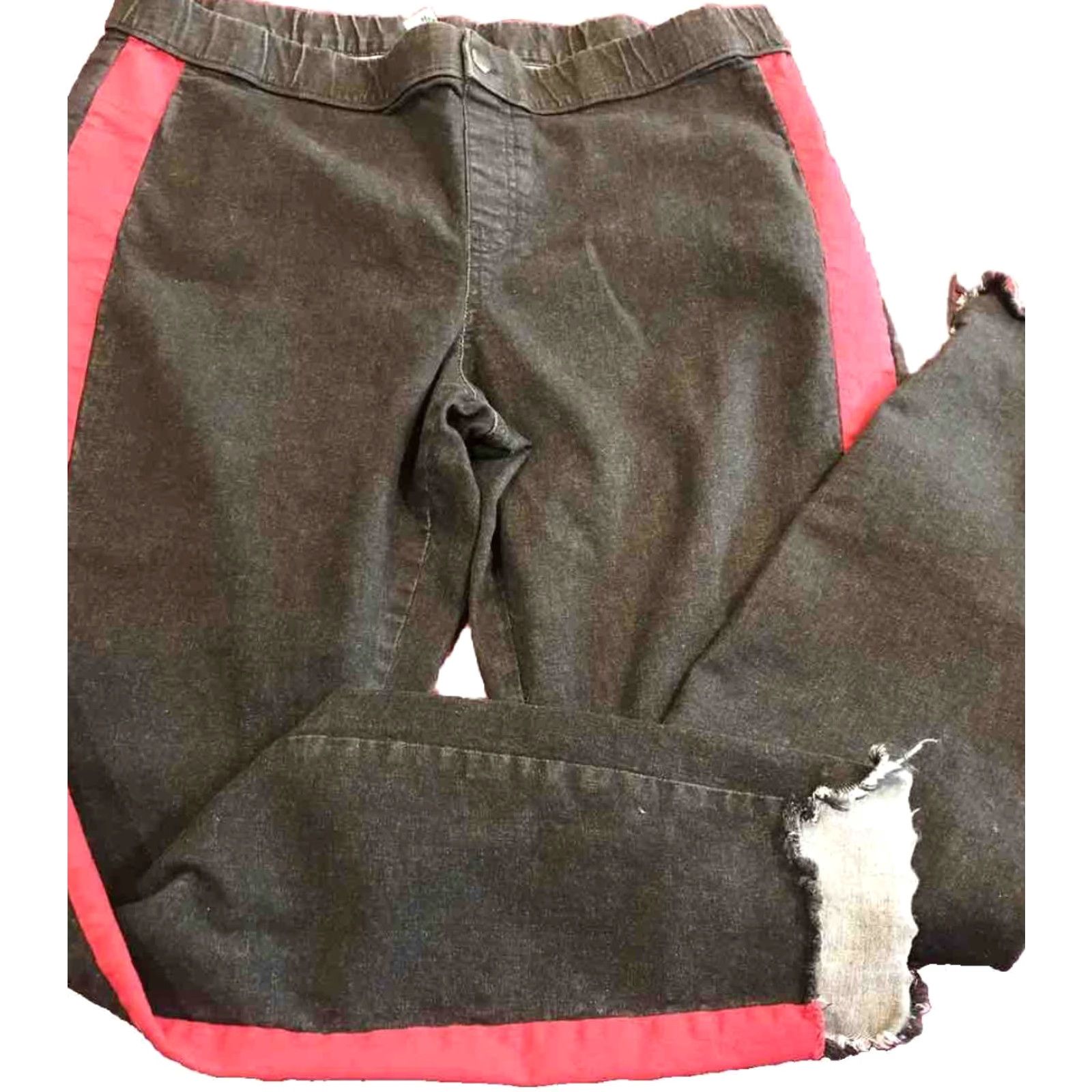 Denime VINTAGE? No. Black PANTS Red Side Leg STRIPES Tuxedo Denim Skimmer Frayed Cuff Gothic Punk XL Size 40" / US 18 - 2 Thumbnail