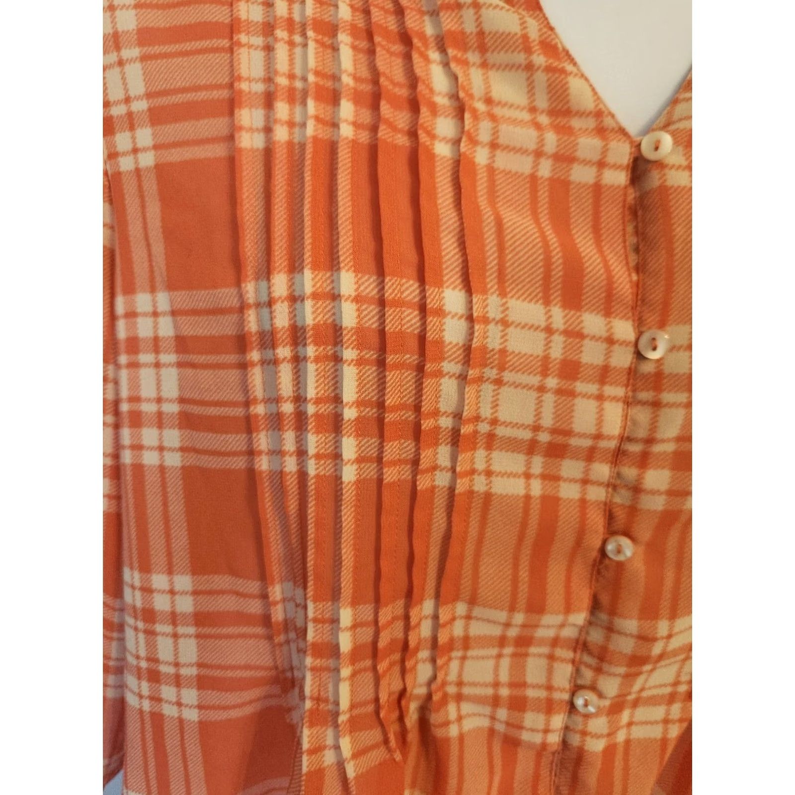 Vintage Serengeti Plaid Orange White Pleated Western Semi Sheer Top Boho 1X Women Blouse Pocketless? Size XL / US 12-14 / IT 48-50 - 3 Thumbnail