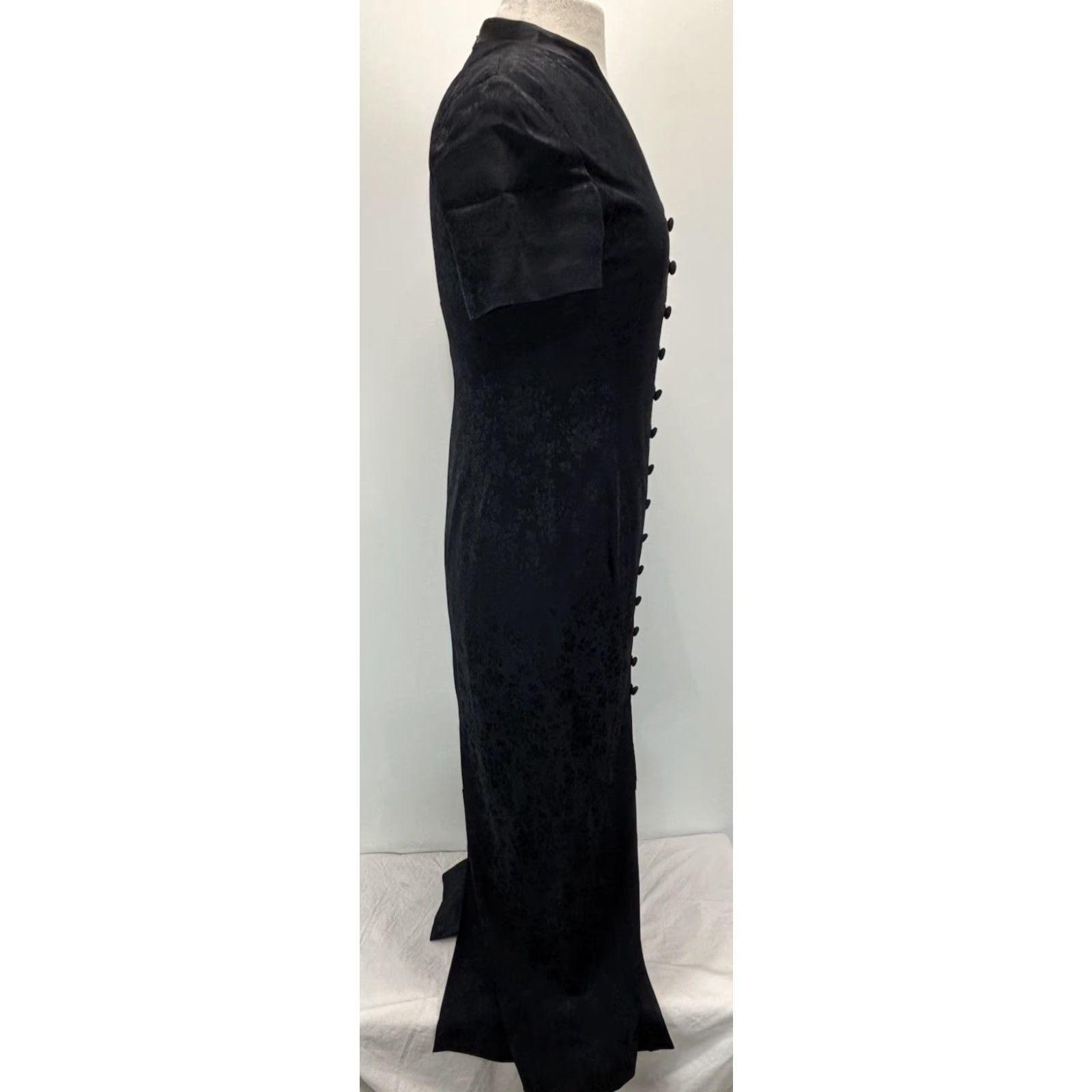 Vintage Dana Buchman Dress Maxi Women’s Dark Navy Floral Jacquard Fitted Asian Sz 4 Long V-Neck Party Cocktail Wedding Size S / US 4 / IT 40 - 4 Thumbnail