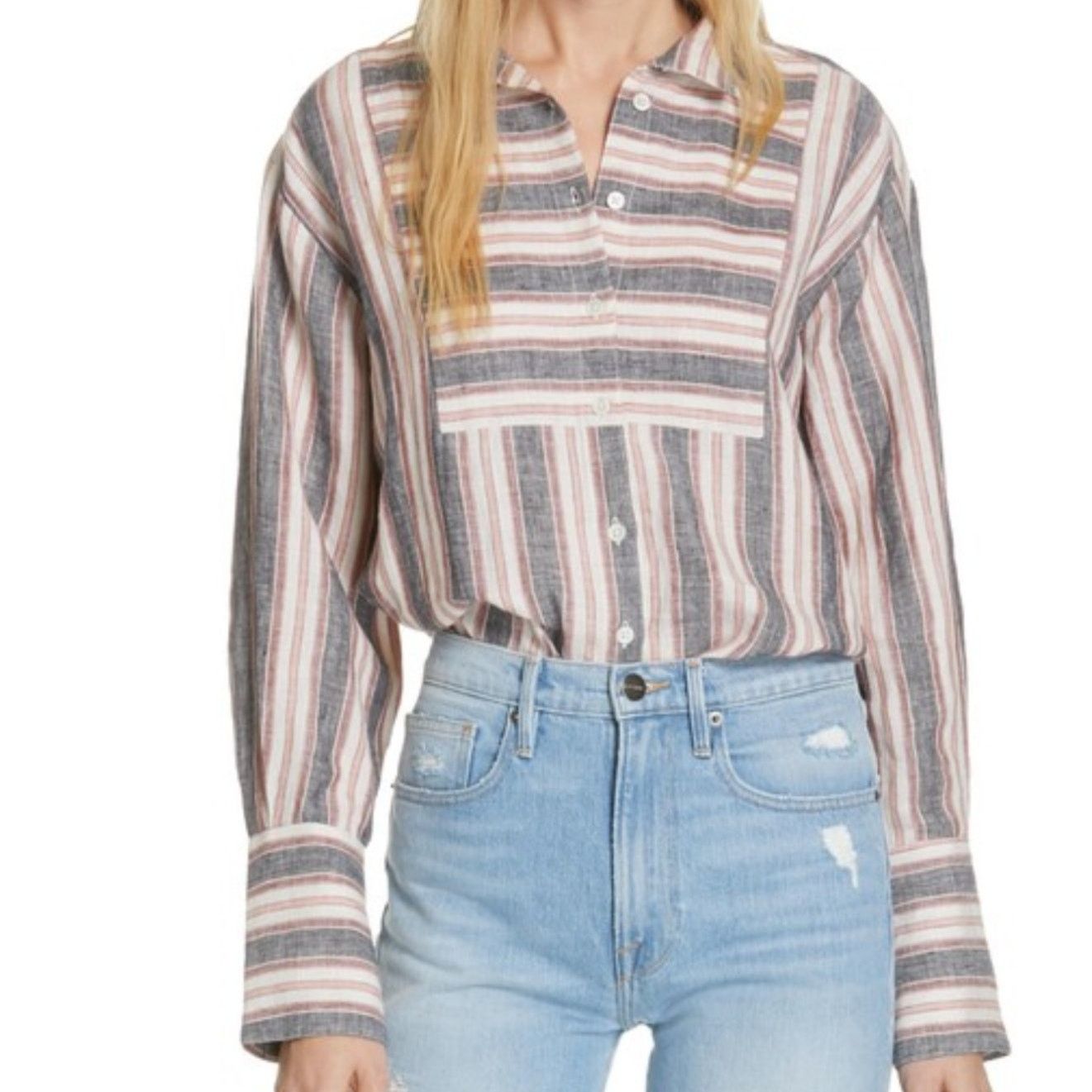 Frame FRAME Natural White Multi Stripe Linen Bib Shirt Blouse Size S / US 4 / IT 40 - 3 Thumbnail