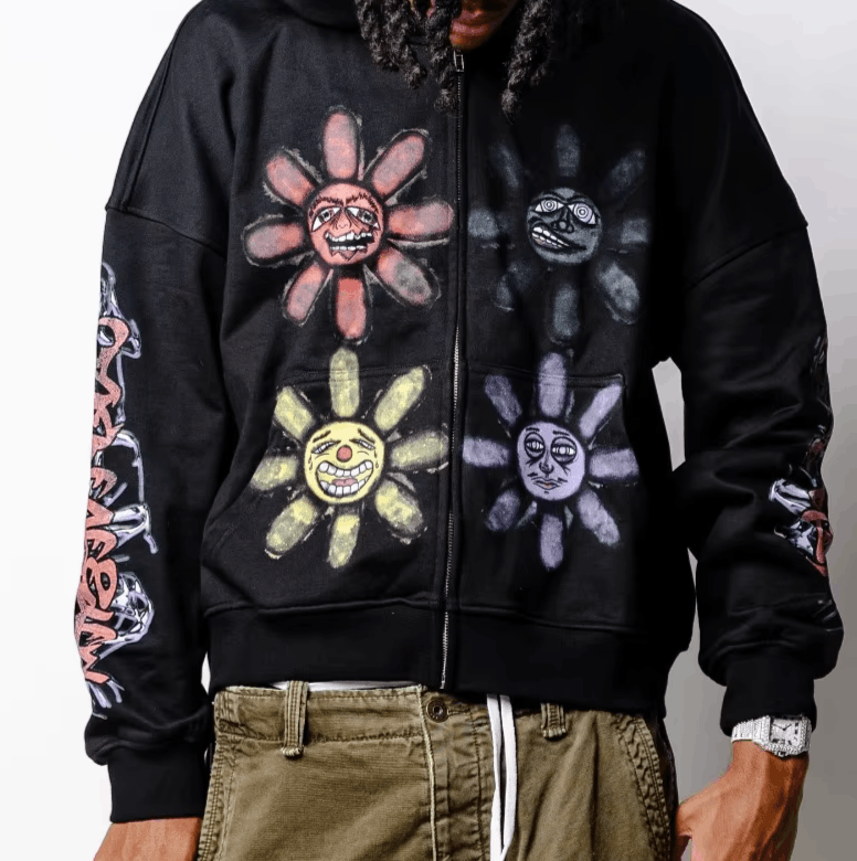 print oversized zipper hoodie
