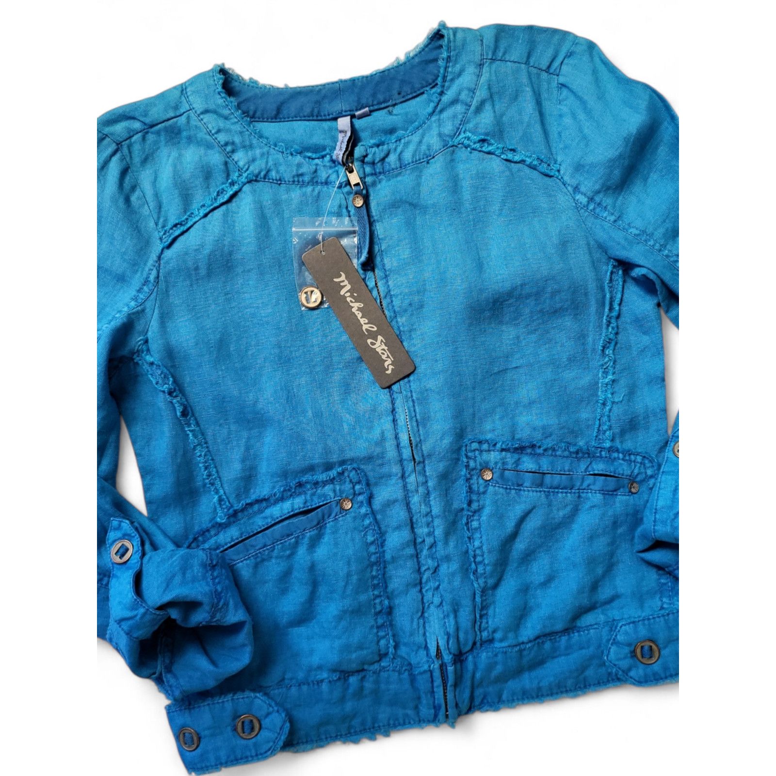 Michael Stars NWT MICHAEL STARS Cropped Moto 100% Linen Jacket Blue XS Size XS / US 0-2 / IT 36-38 - 1 Thumbnail