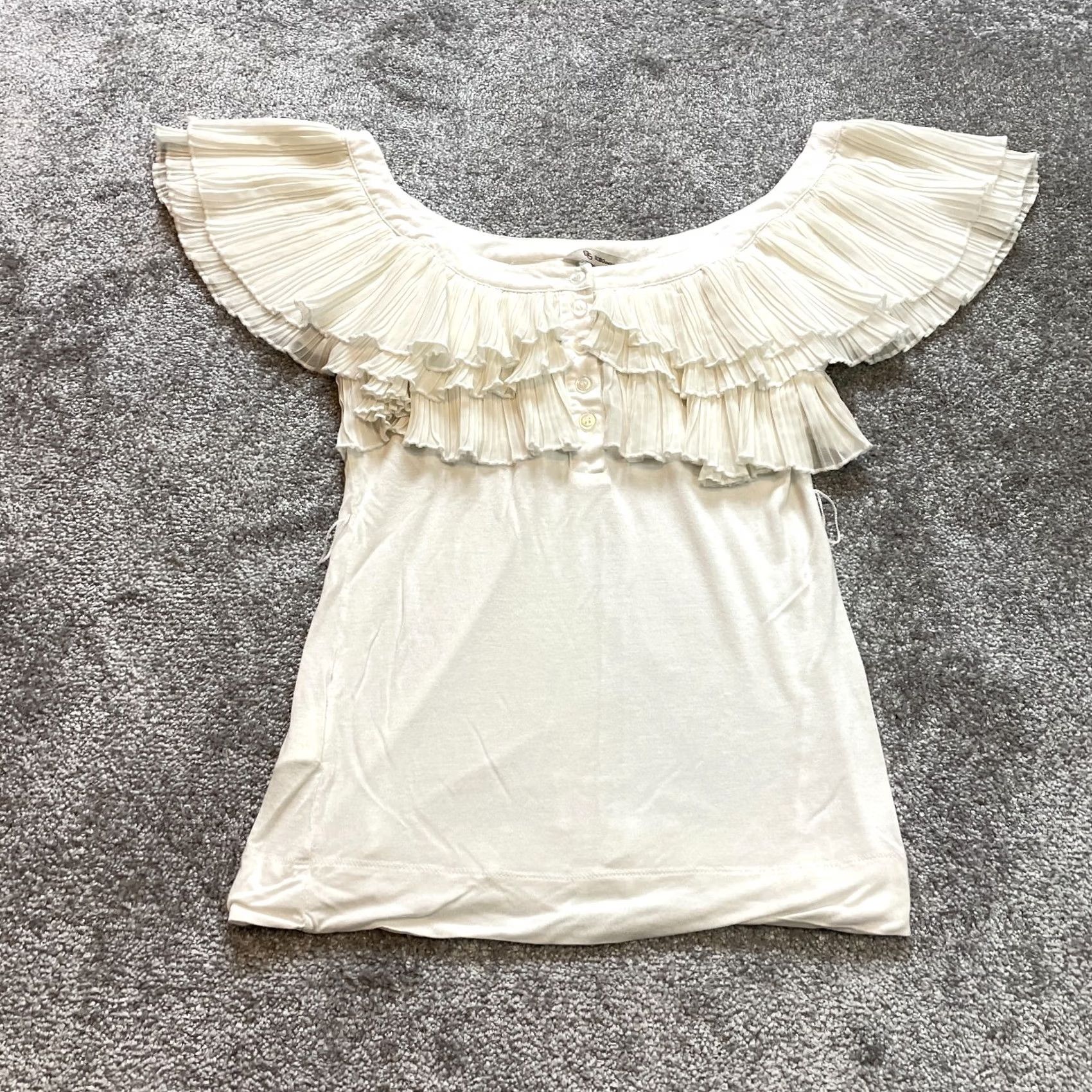 BCBGeneration BCBGeneration Blouse Womens Ruffle Henley Knit White Soft Pullover Top Large Size L Short Sleeve Shirt Size L / US 10 / IT 46 - 2 Thumbnail