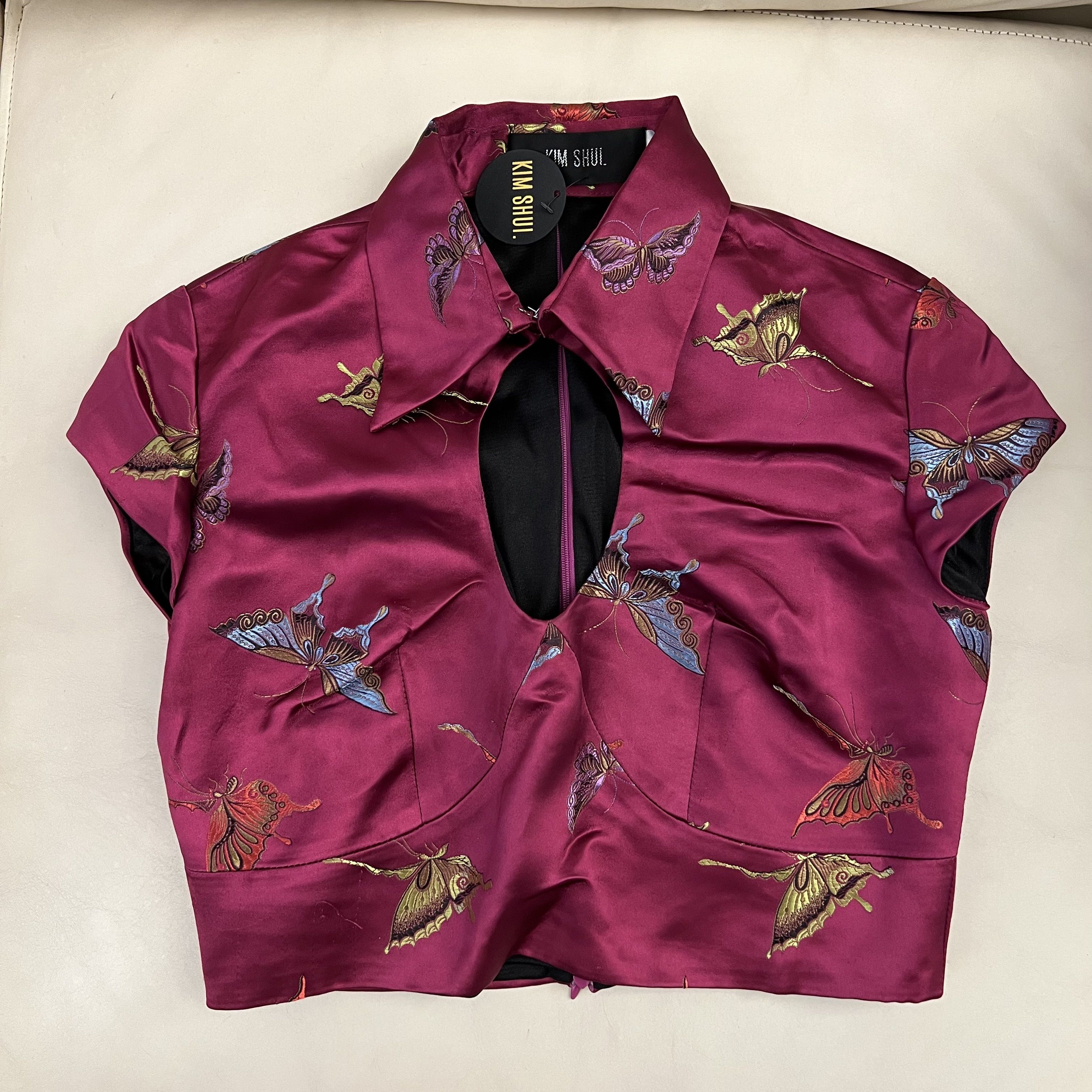 image of Kim Shui Pink Butterfly Crop Top in Pine, Women's (Size Medium)