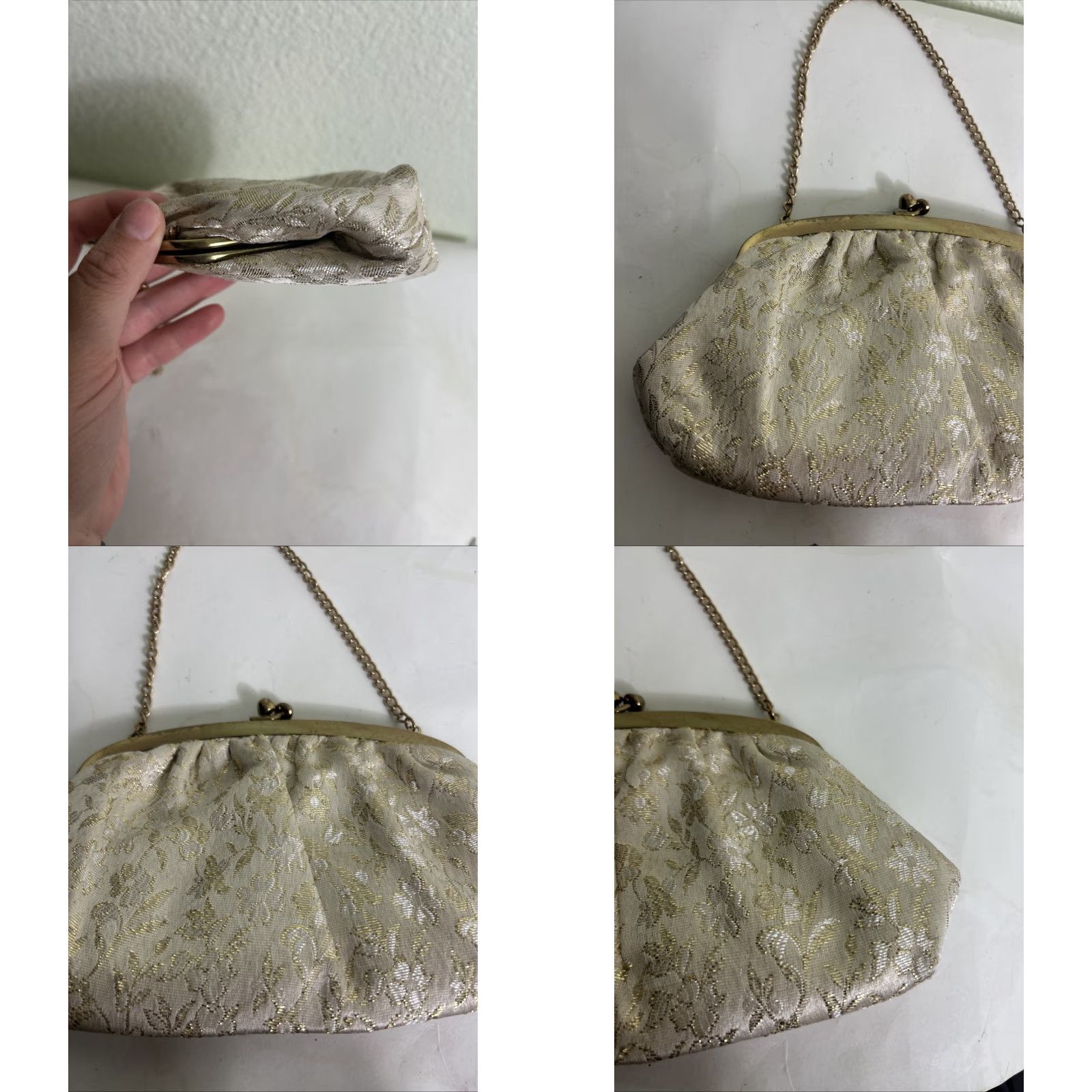 CLOSED VINTAGE Clasp Close Clutch Ivory Gold Floral Jeweled 8.5x5x1 with Chain Size ONE SIZE - 8 Thumbnail