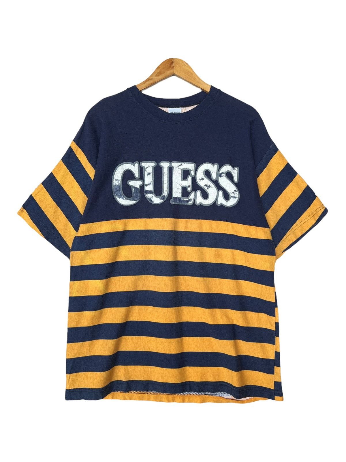 Guess Vintage 90s Guess Usa Spellout Stripe Distressed Tees Size US L / EU 52-54 / 3 - 1 Thumbnail
