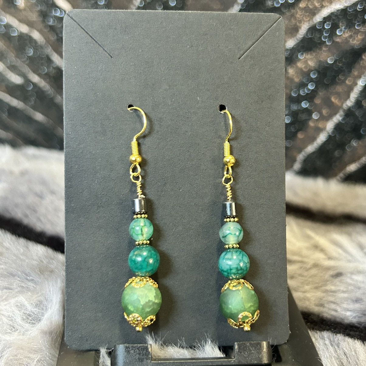 Handmade Handcrafted green crackle glass dragon vein agate earrings Size ONE SIZE - 2 Thumbnail