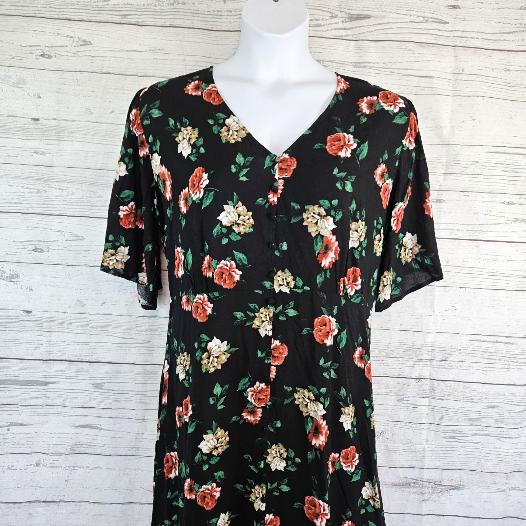 Avenue Avenue Dress Womens Midi Floral V-Neck Black Green Plus 18/20 Size XXL / US 16-18 / IT 52-54 - 2 Thumbnail