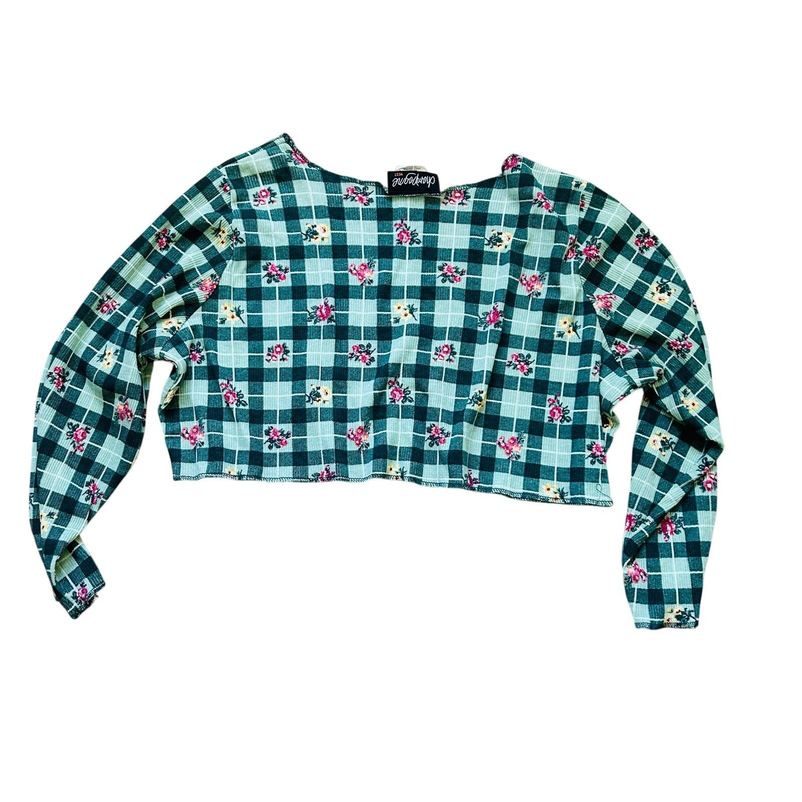 Vintage Vintage Plaid 90s Crop Top Ribbed Knit Floral Cottagecore Size XL / US 12-14 / IT 48-50 - 4 Thumbnail