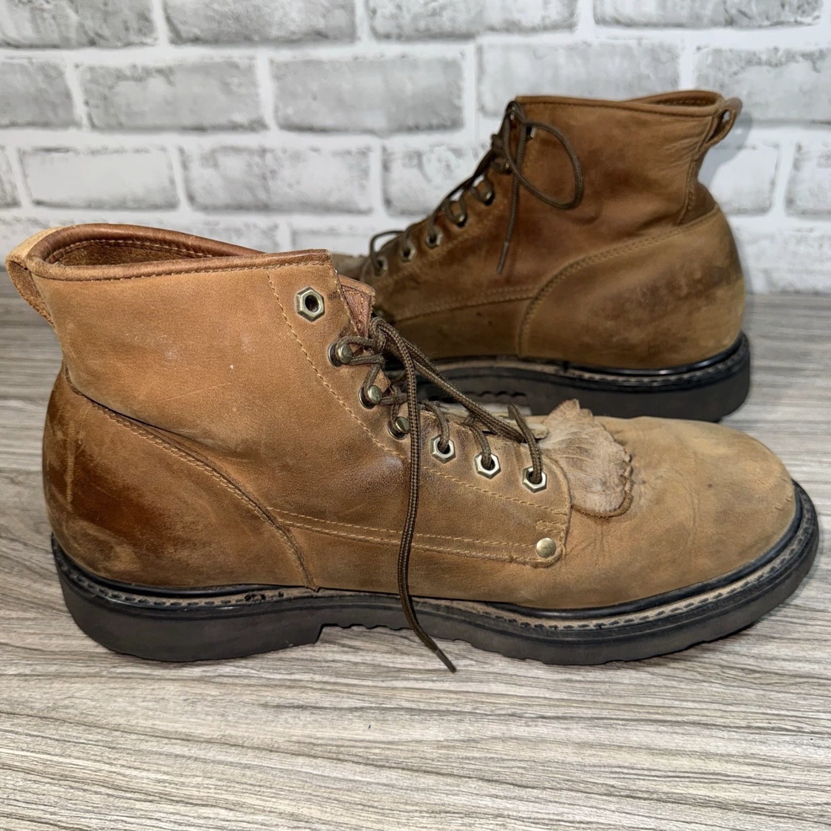 Vintage Double-H Work Boots Men’s 12D STK#9728 Brown Leather Toe: Steel Leather Upper, Lace-Up, Oil-Resistant Sole, Pre-owned Mens Boot Size US 12 / EU 45 - 6 Thumbnail