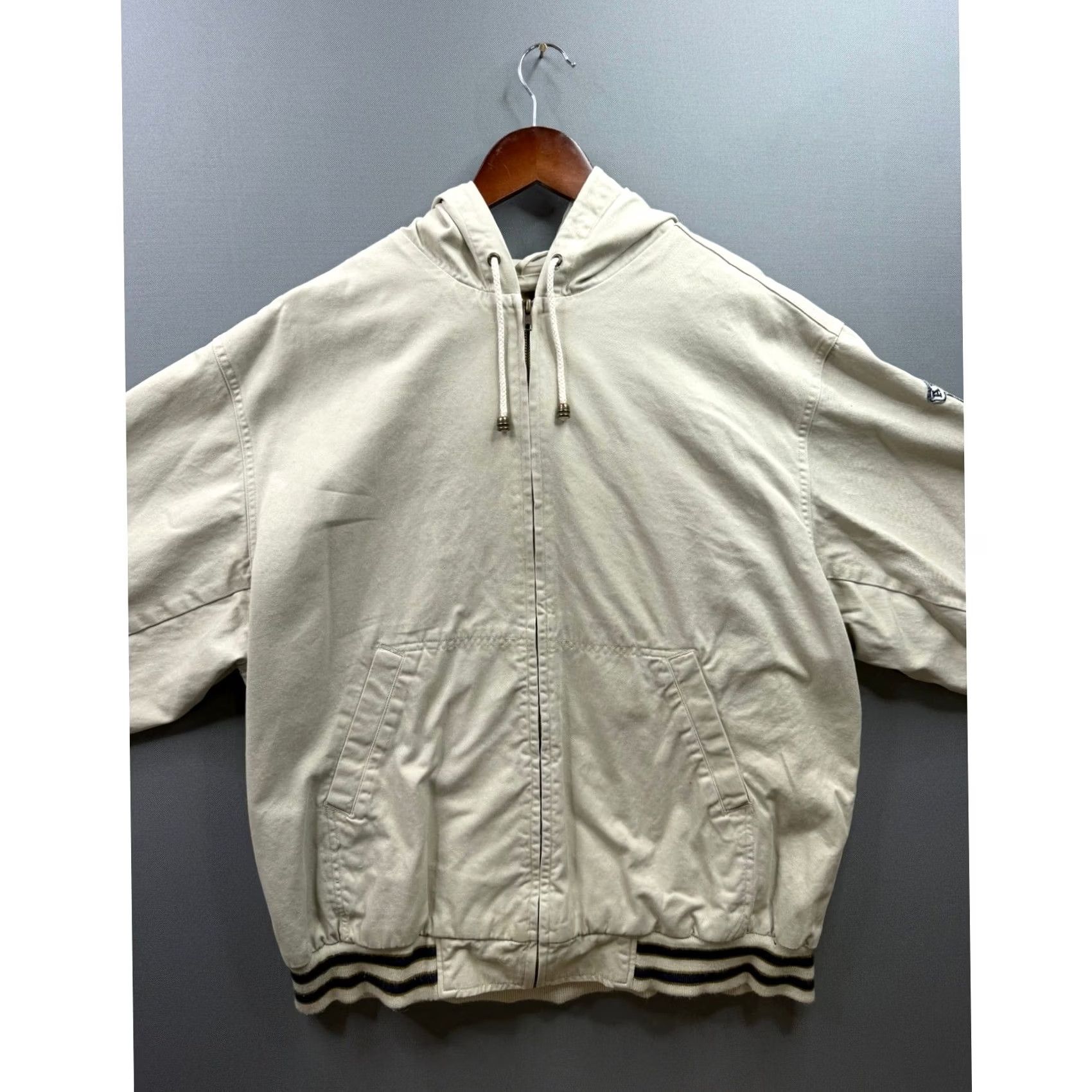 Vintage Arizona Jean Co Hooded Canvas Jacket Mens Beige Striped Trim Sleeve Patch L Size US 33 - 2 Thumbnail