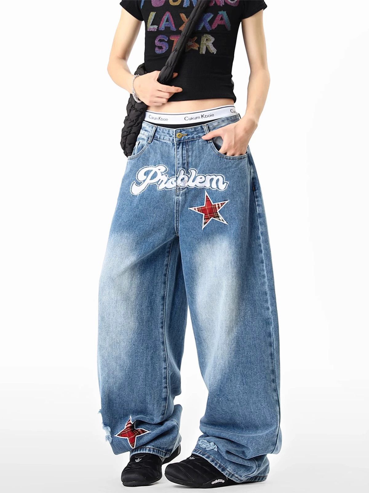 Jean Men's hiphop casual loose star patch ripped scimitar jeans Size US 32 / EU 48 - 3 Thumbnail