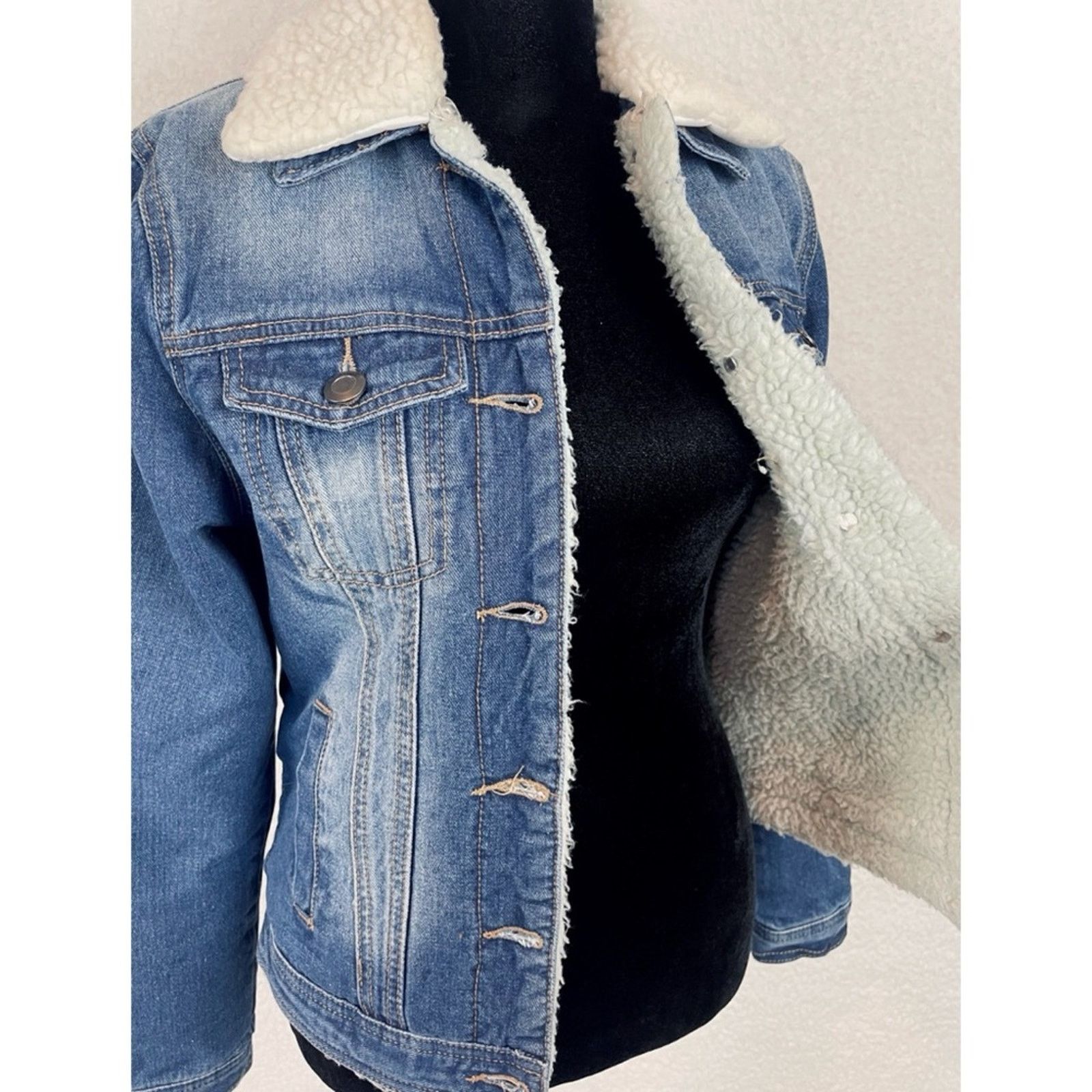 Boohoo BOOHOO • Blue/White Denim Sherpa-Lined Collared Jacket Size XS / US 0-2 / IT 36-38 - 12 Thumbnail