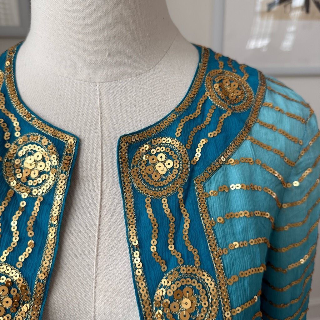 Trina Turk Trina Turk Turquoise Blue 100% Silk Gold Sequin Bolero Jacket 0 XS S Size XS / US 0-2 / IT 36-38 - 2 Thumbnail