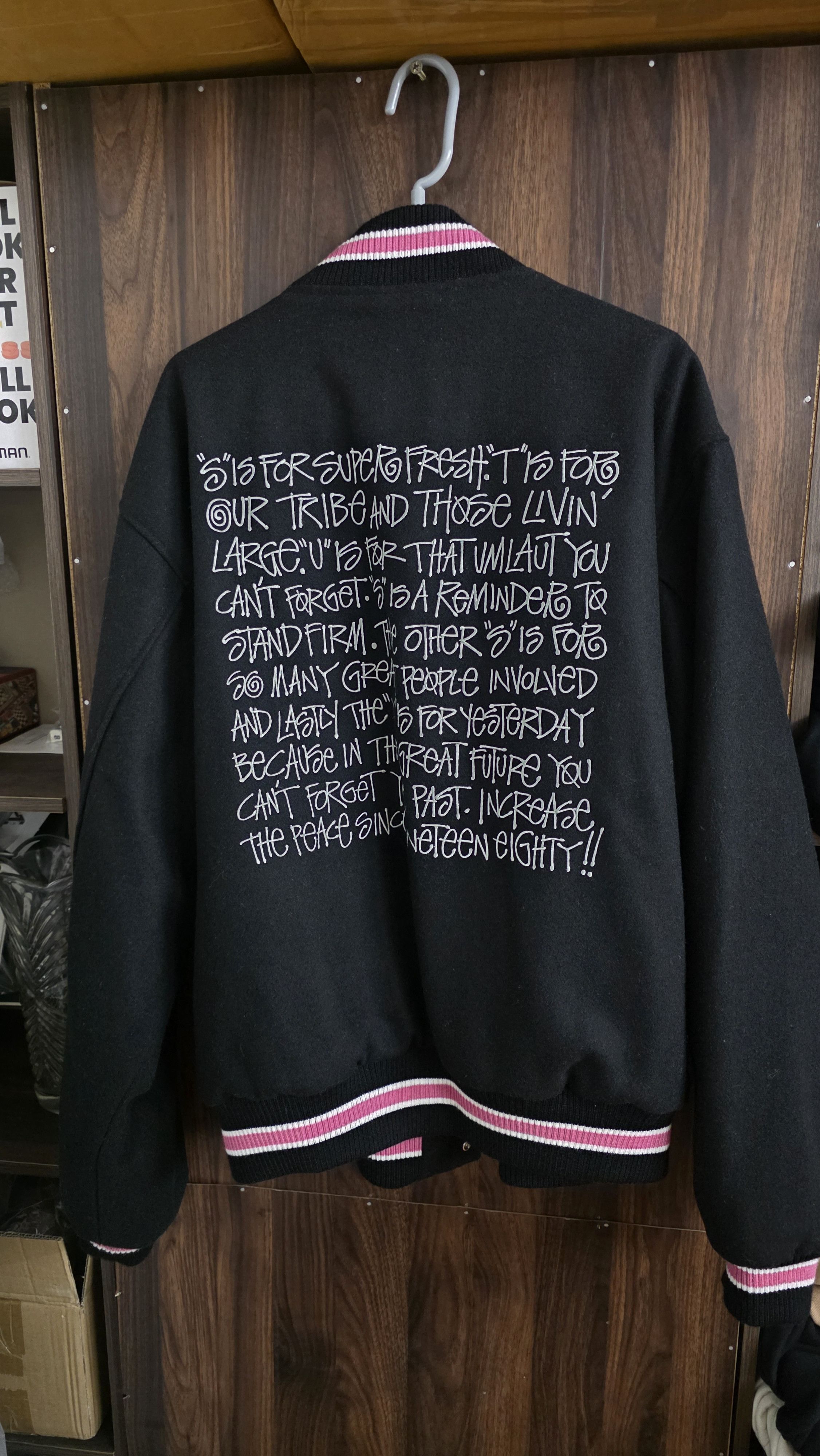 Stussy Stussy S Talk Melton Varsity Jacket 'Black' Size US XL / EU 56 / 4 - 3 Thumbnail