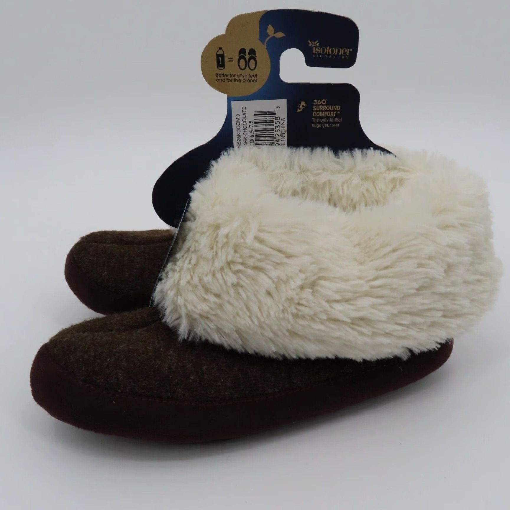 Vintage Isotoner Memory Foam Women Slipper Slip-On Brown Faux Fur Cuff Memory Foam New 6.5-7.5 Medium Size ONE SIZE - 4 Thumbnail