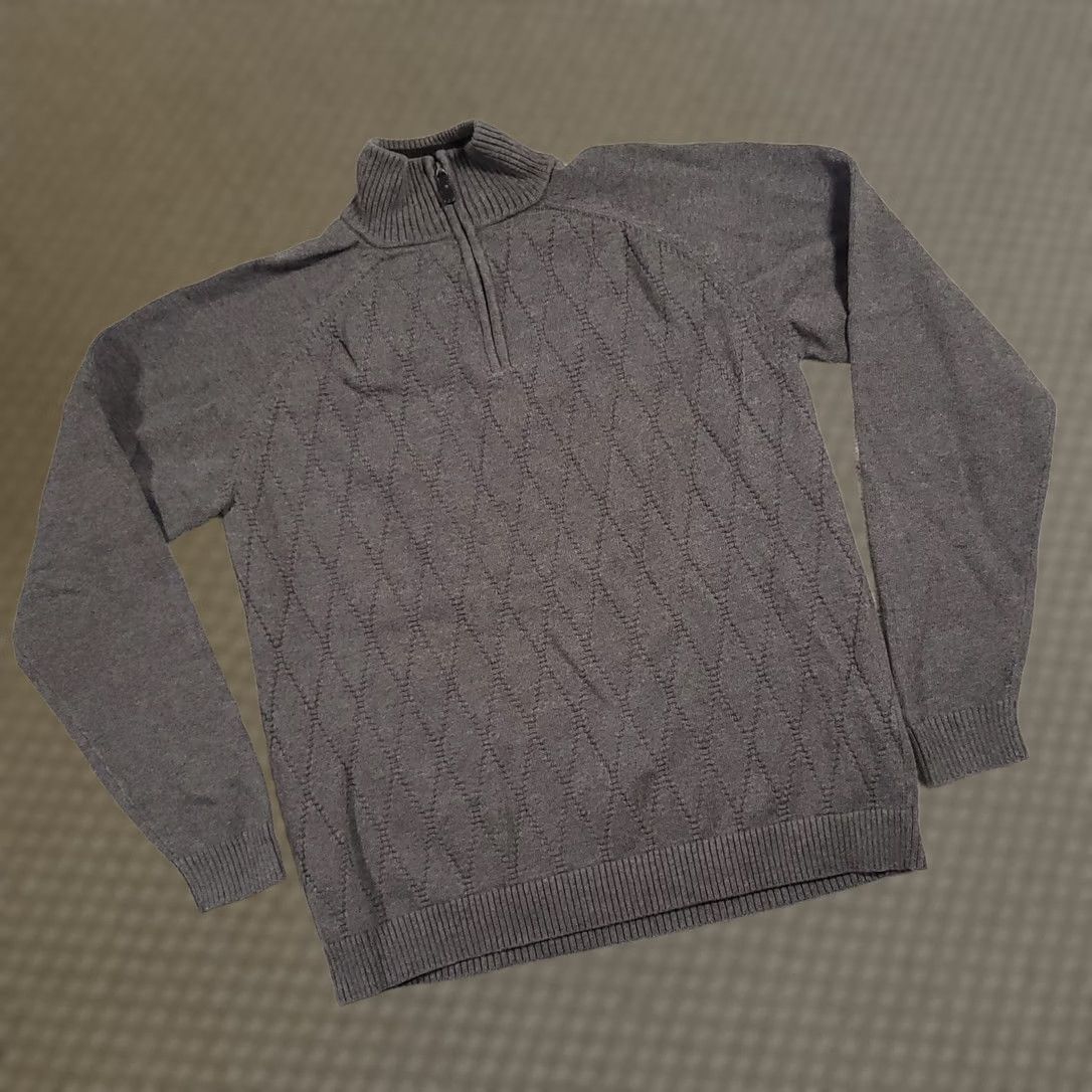 Liz Claiborne Claiborne Pullover Sweater 1/4 Zip Mens Large Gray Long Sleeve Mock Neck Diamond Pattern Knit Cotton Knitwear Shirt Size US L / EU 52-54 / 3 - 1 Thumbnail