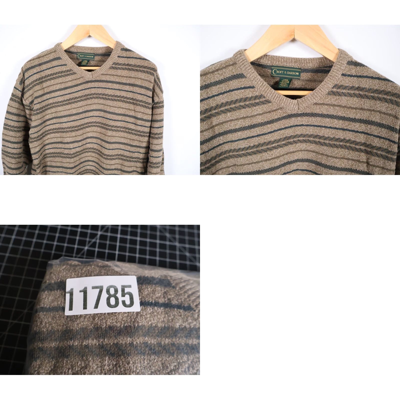 Croft & Barrow 90s Striped Pattern Sweater Mens Large Green Brown V-Neck Chunky-Knit Cotton Knit Preppy Size US L / EU 52-54 / 3 - 8 Thumbnail