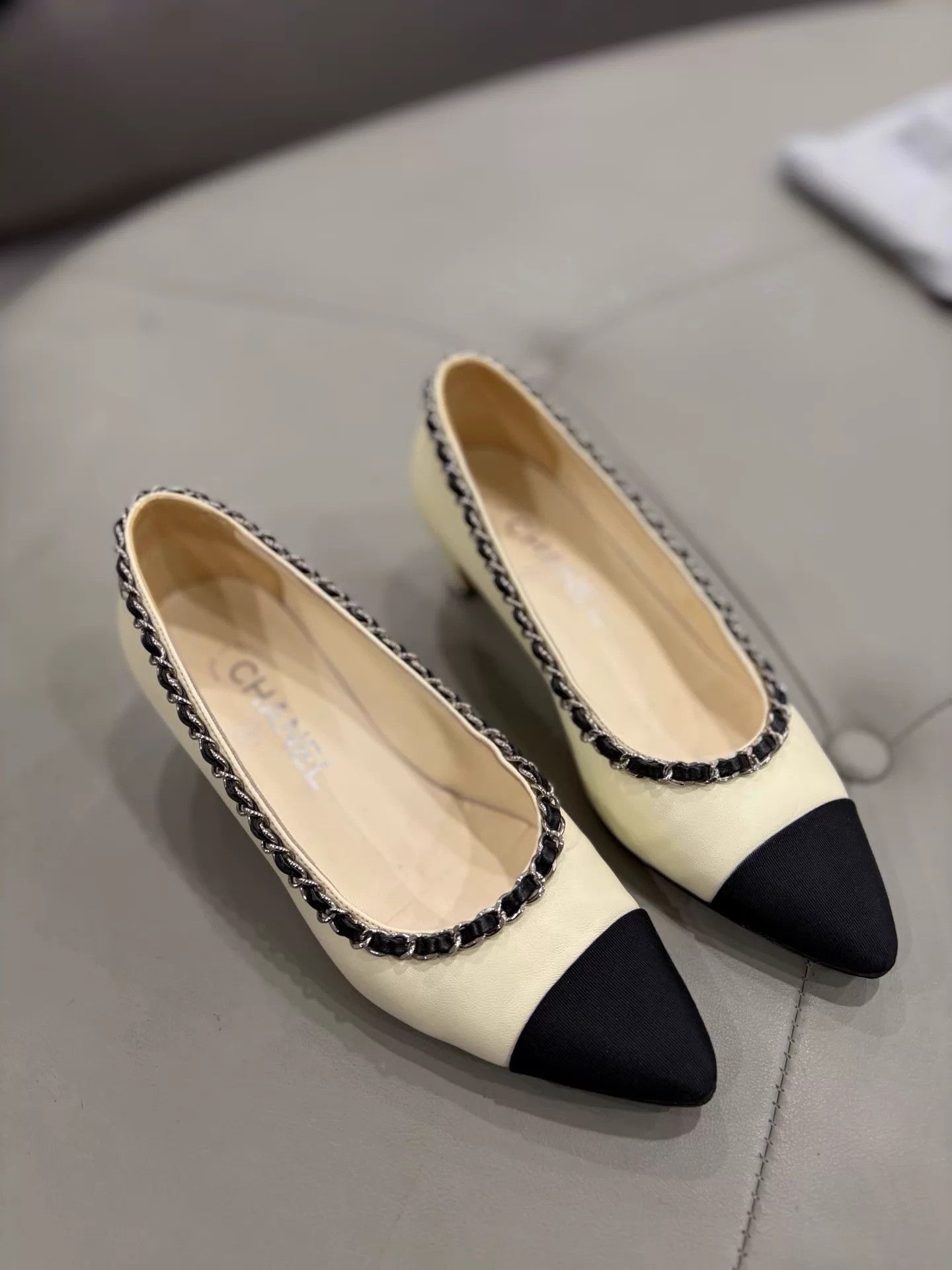 Chanel Chanel women's Panda Leather Chain Block Heel 99 New 35C Size US 4.5 / IT 34.5 - 1 Thumbnail