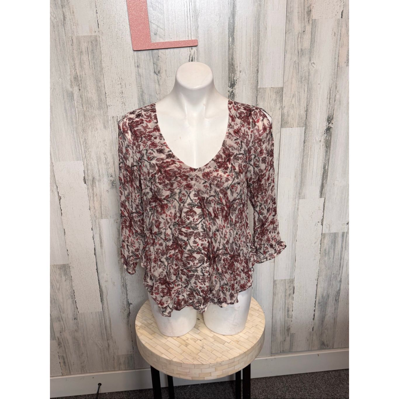 Lucky Brand Lucky Brand Boho Floral Peasant Top | Burgundy Cream Sheer Flowy Blouse – Size Large Size L / US 10 / IT 46 - 3 Thumbnail