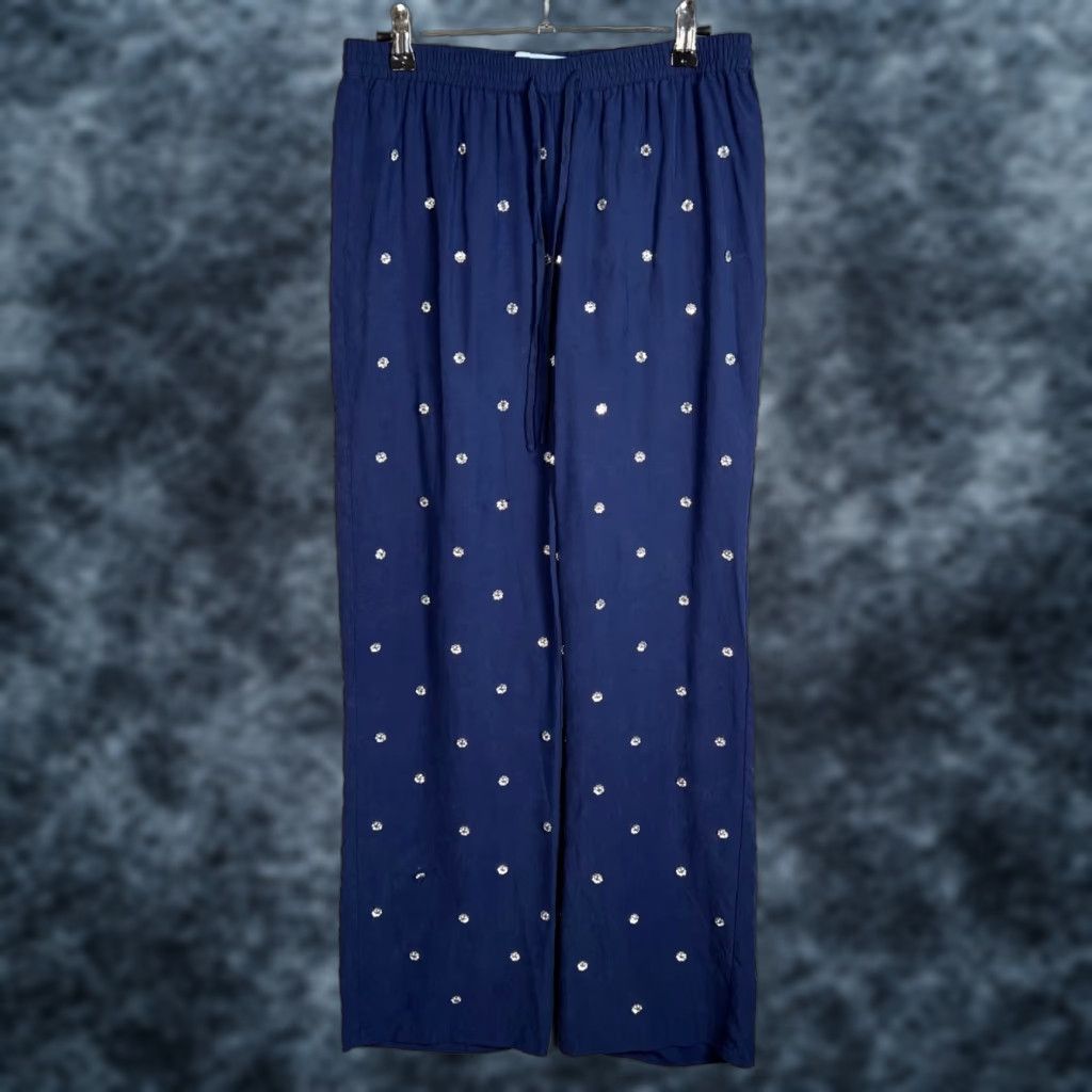 Vintage Hill House Womens Pajama Pants Blue with White Floral Embroidery S Small Adult Womens Size 28" / US 6 / IT 42 - 1 Thumbnail