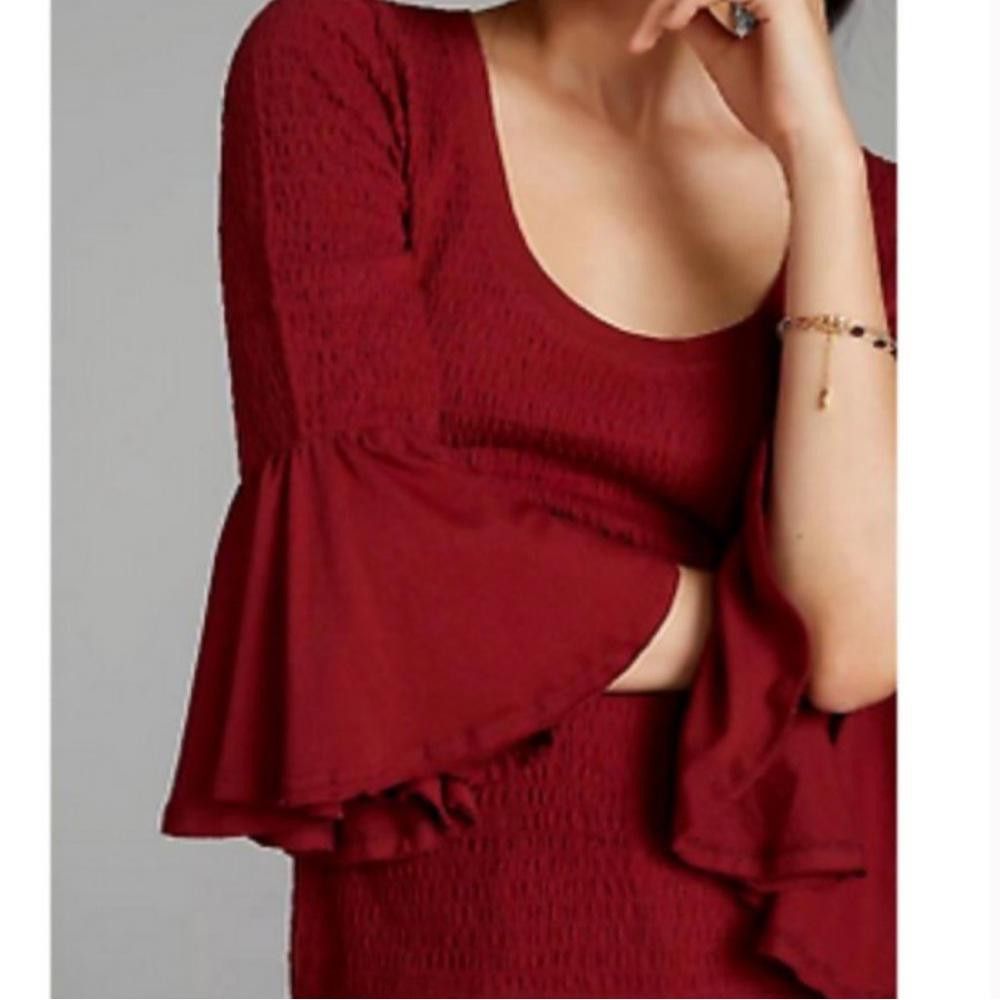 Designer Anthropologie Smocked Bell-Sleeve Top Shirt Wine Red Medium Size M / US 6-8 / IT 42-44 - 2 Thumbnail