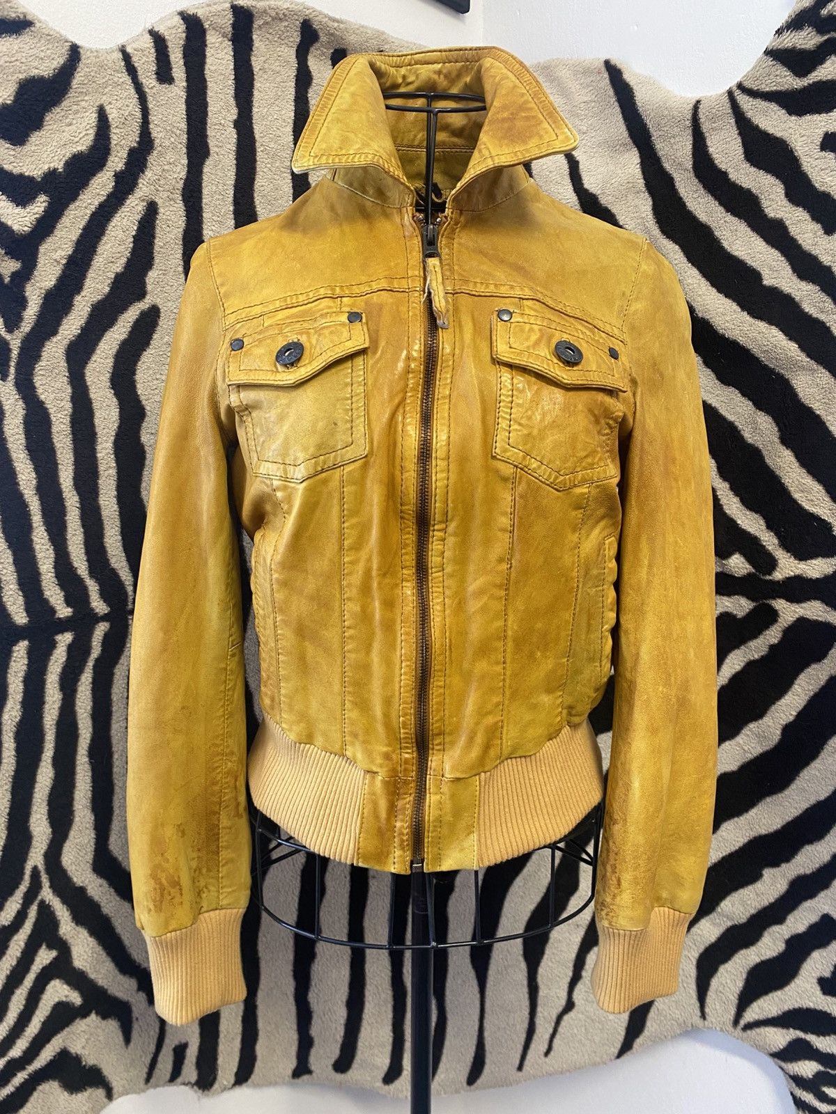 Vintage Yellow mustard leather slim jacket Size S / US 4 / IT 40 - 1 Thumbnail