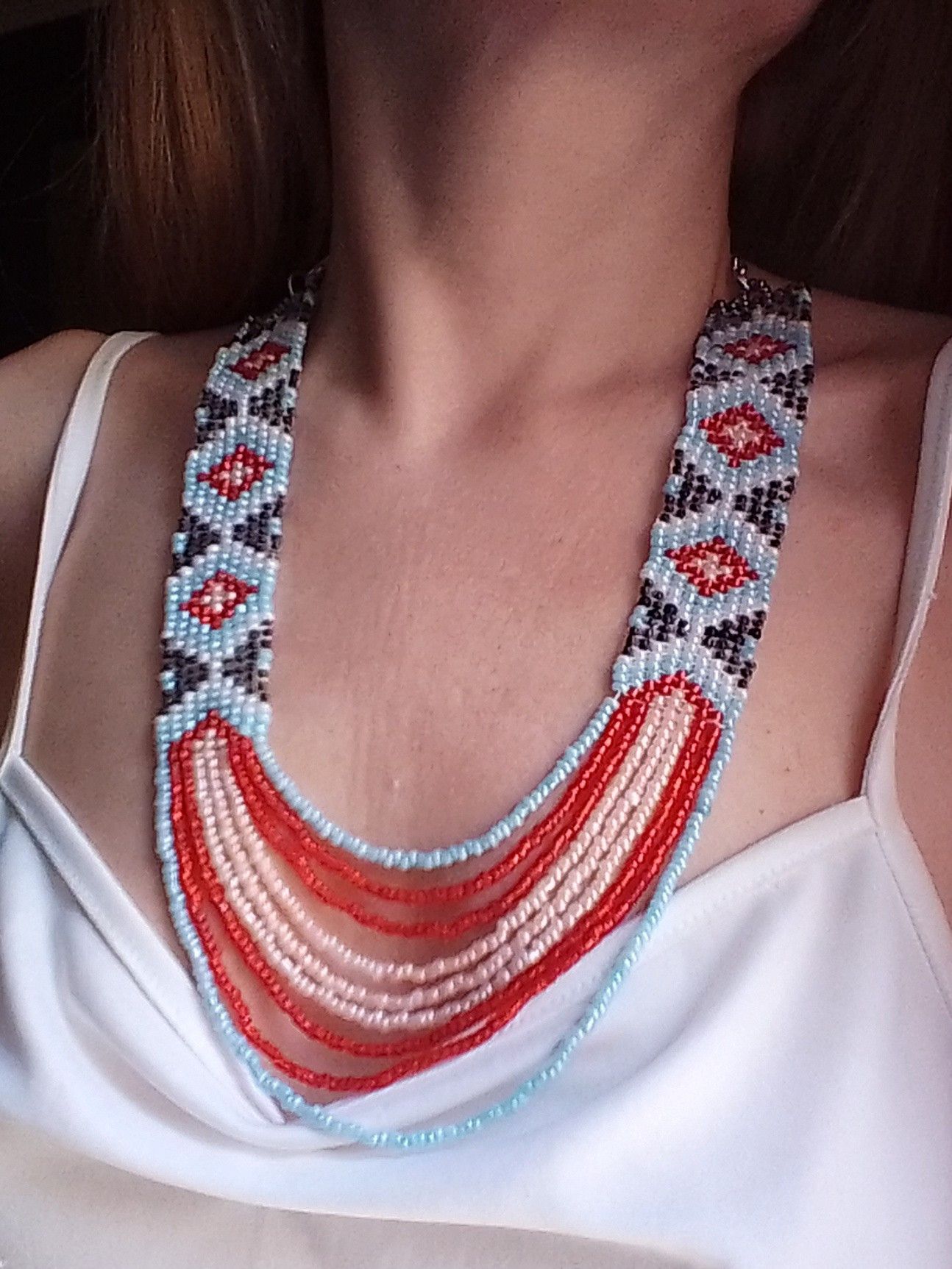 Handmade Necklace Long Ethnic Native Americans Pattern Multithread Size ONE SIZE - 1 Thumbnail