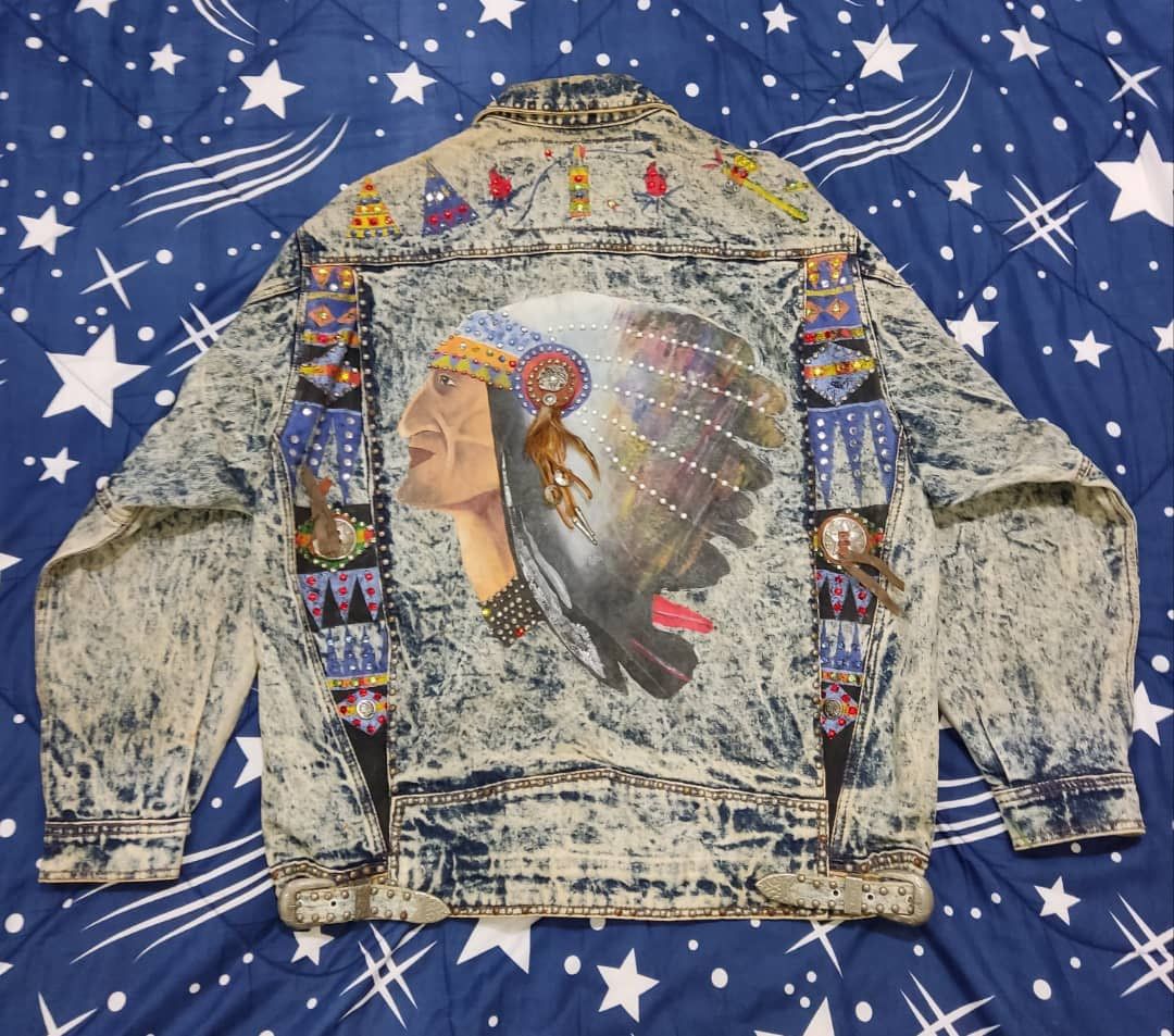 image of Offerrareyves Boutique Shades Of Blue Beads Apache Jacket in Acid, Men's (Size Large)
