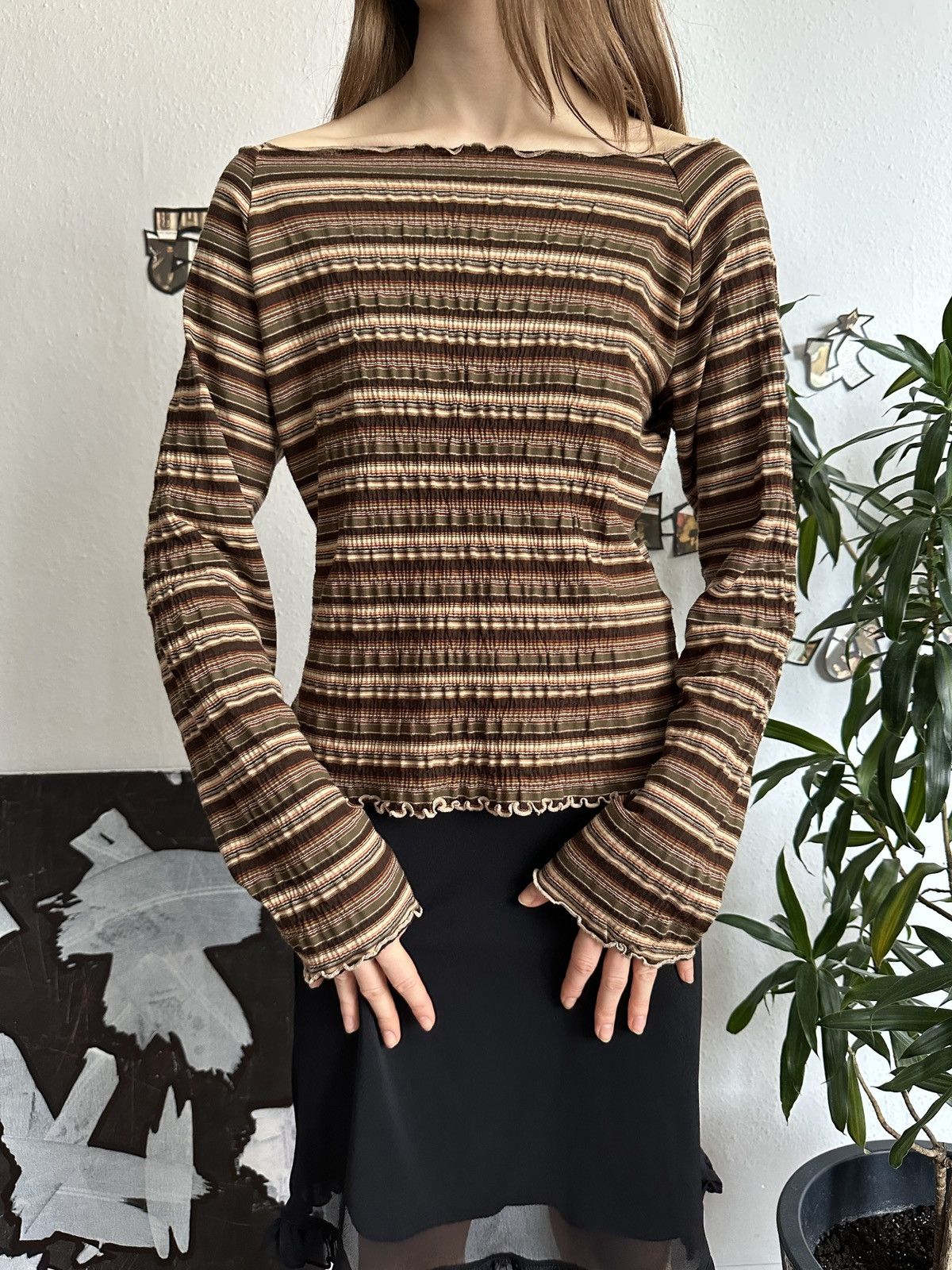 Beauty Beast × Japanese Brand Boho Crop Scrunchy Stripe Bell Sleeve Shouldered Top Size ONE SIZE - 4 Thumbnail
