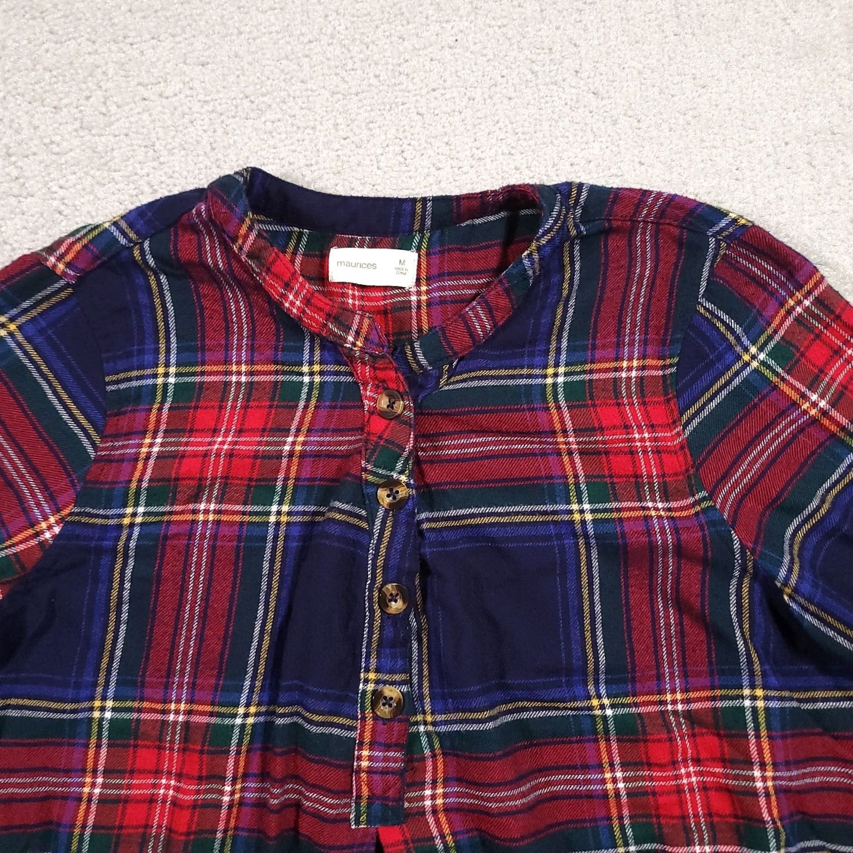 Vintage Maurices Flannel Henley Top - Womens Medium Blue Red Plaid Long Sleeve - Casual Basic Blouse Size M / US 6-8 / IT 42-44 - 3 Thumbnail