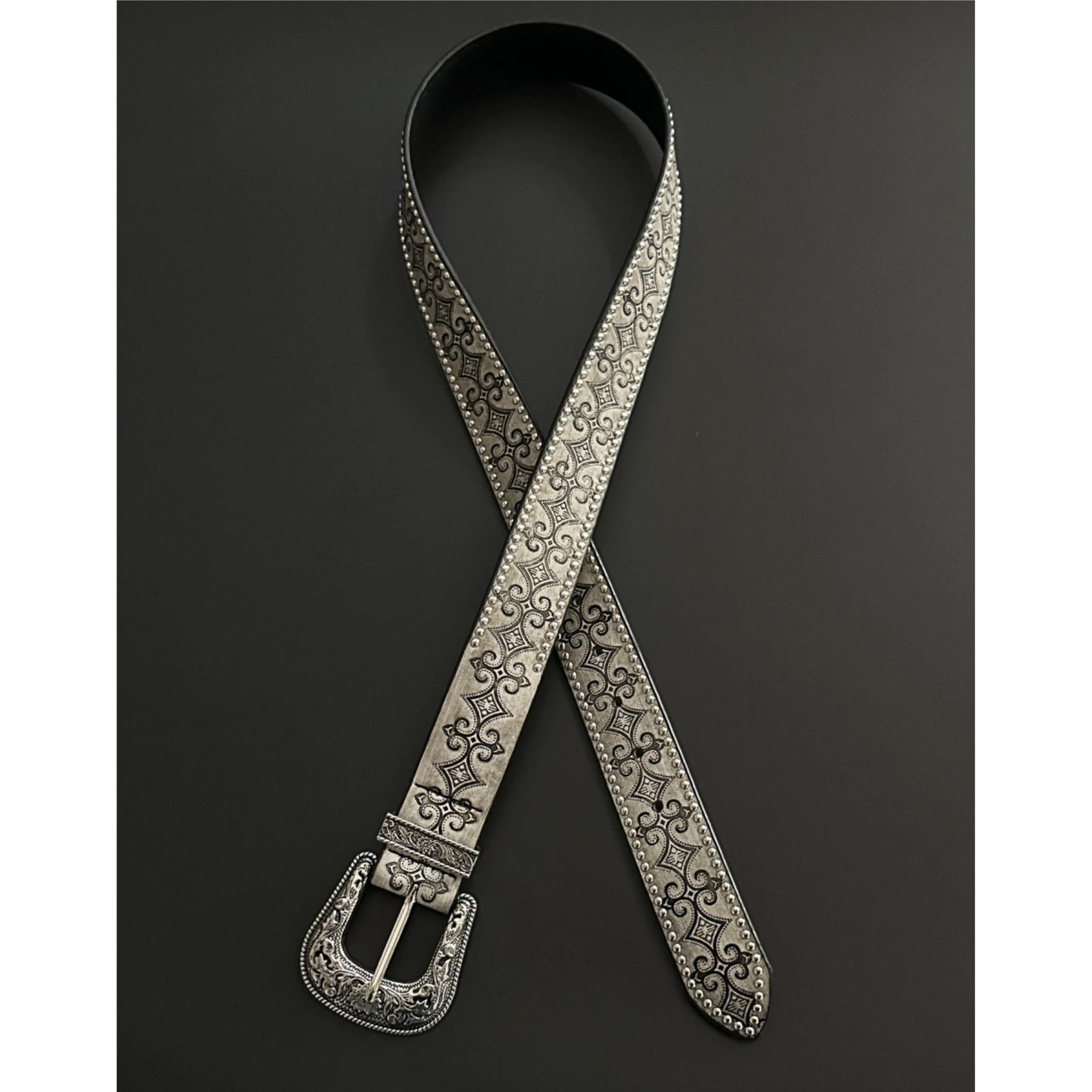 Jewelry Studded Leather Belt with Grey Floral Patterns Size ONE SIZE - 2 Thumbnail