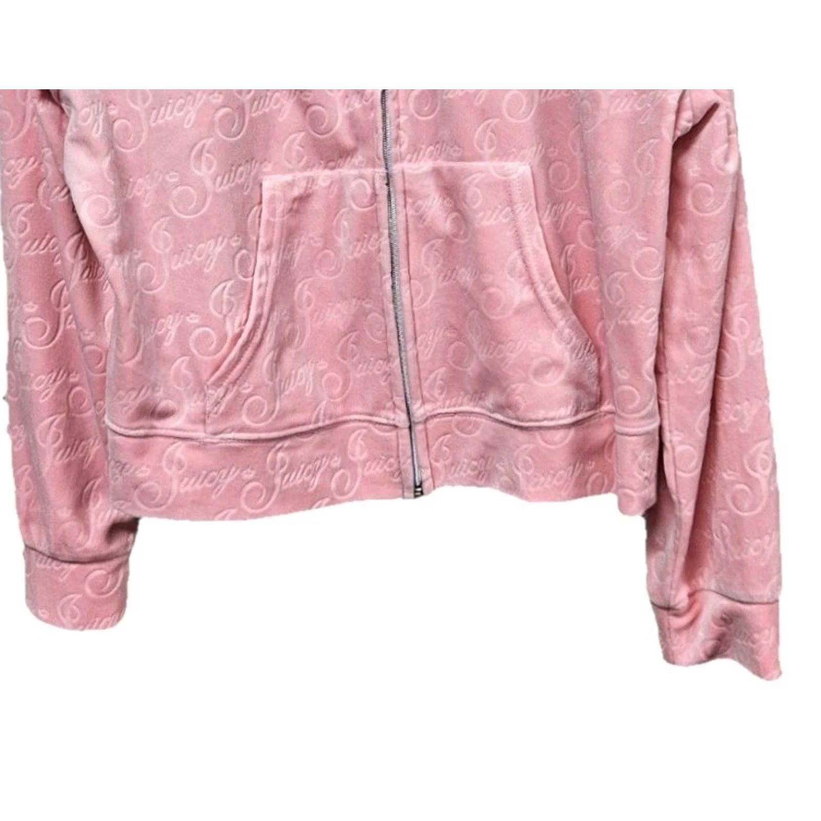 Juicy Couture VINTAGEJuicy Couture Pink Velour Full Zip Hoodie Track Jacket Womens L Velour Full Zip Logo Pattern Retro Jacket 90s Size L / US 10 / IT 46 - 3 Thumbnail