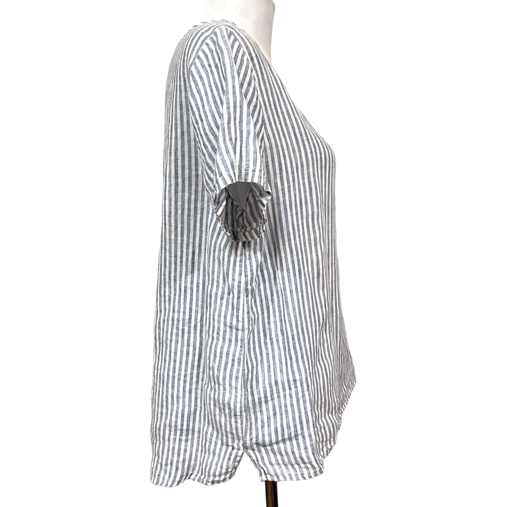 Christian Siriano Christian Siriano Blouse Shirt Womens M Blue Striped Linen Short Sleeve Pullover 100% Linen Size M / US 6-8 / IT 42-44 - 6 Thumbnail