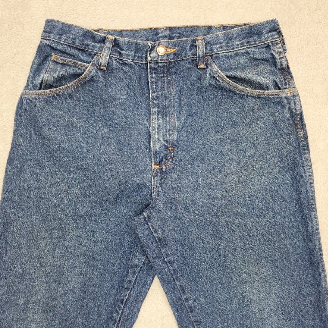 Denime VINTAGE Rustler Jeans Mens 35x32 Blue Denim 100% Cotton Rustler Casual Straight 5-Pocket Mens Blue Denim Casual American Western 1990s Size US 35 - 3 Thumbnail