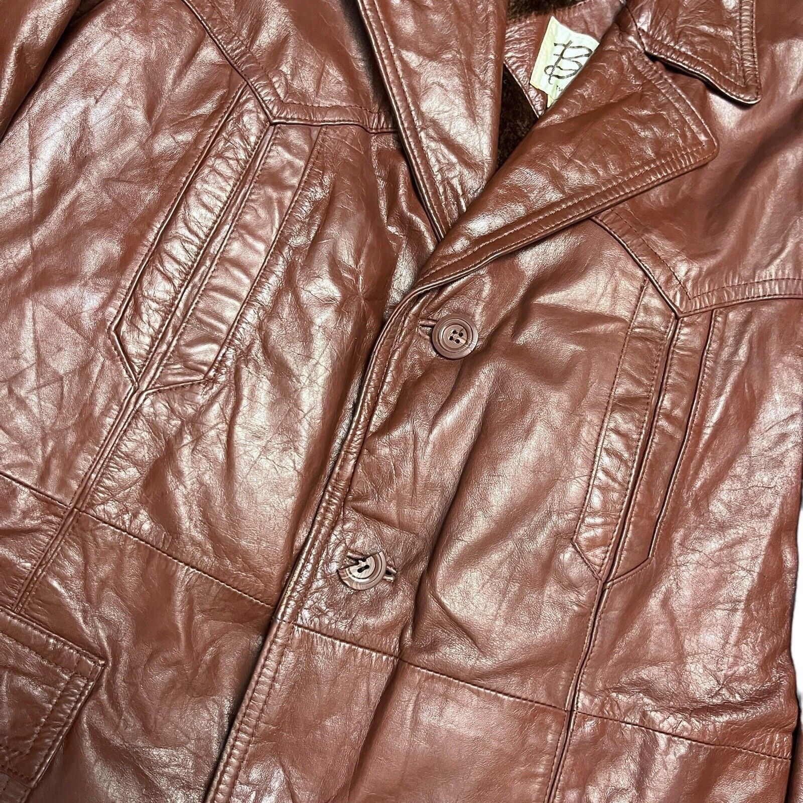 Leather VINTAGE Bermans 100% LEATHER Brown Faux Fur Fleece Jacket Size US L / EU 52-54 / 3 - 4 Thumbnail