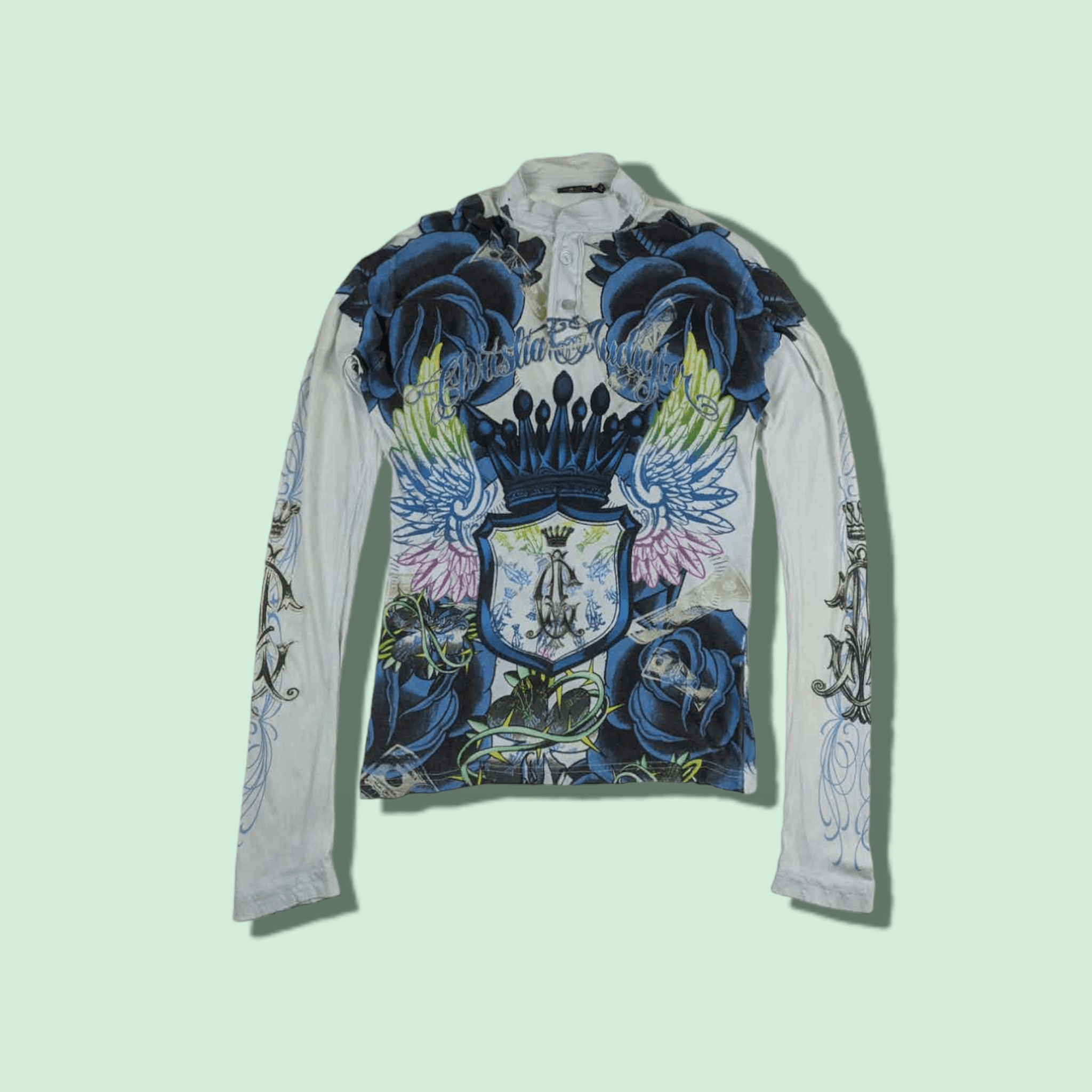 image of Archival Clothing x Christian Audigier Vintage Christian Audiger Full Print Long Sleeve Polo Shirt 