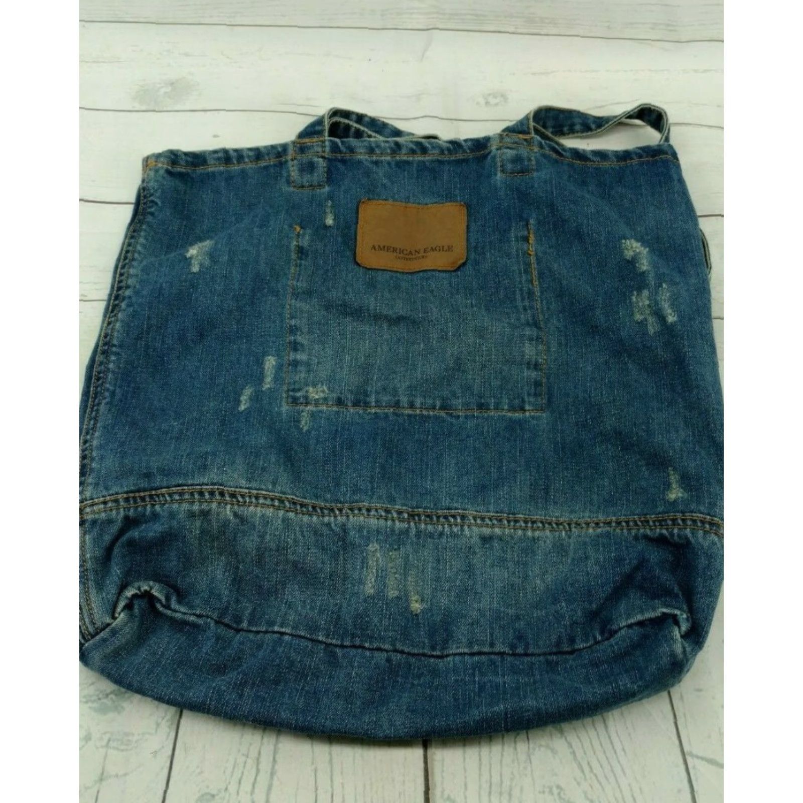 American Eagle Outfitters American Eagle Outfitters Tote Bag 100% Cotton Blue Jean Denim Distressed Reusable Tote Bags Womens Medium Blue Denim Size 32" / US 10 / IT 46 - 3 Thumbnail
