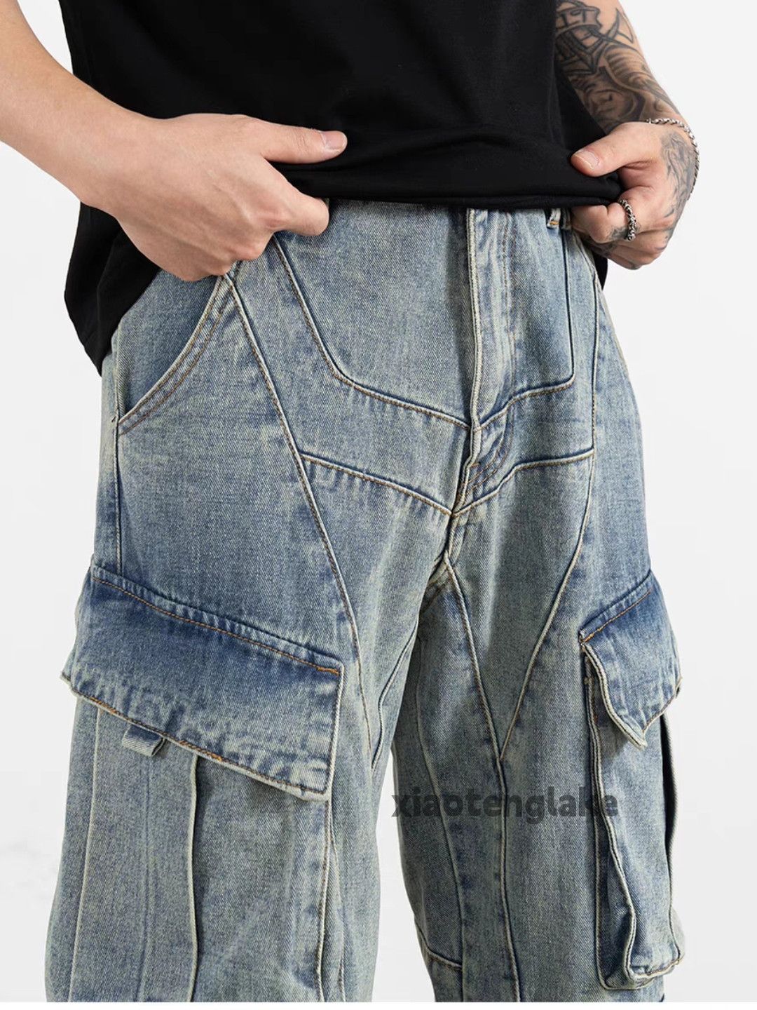 Jean Unisex washed faded loose baggy skate hiphop cargo pants Size US 32 / EU 48 - 3 Thumbnail