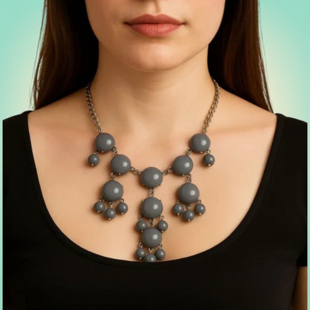 Other Y2K Glam Bubble Bib Statement Necklace Gray Beaded Size ONE SIZE - 1 Thumbnail