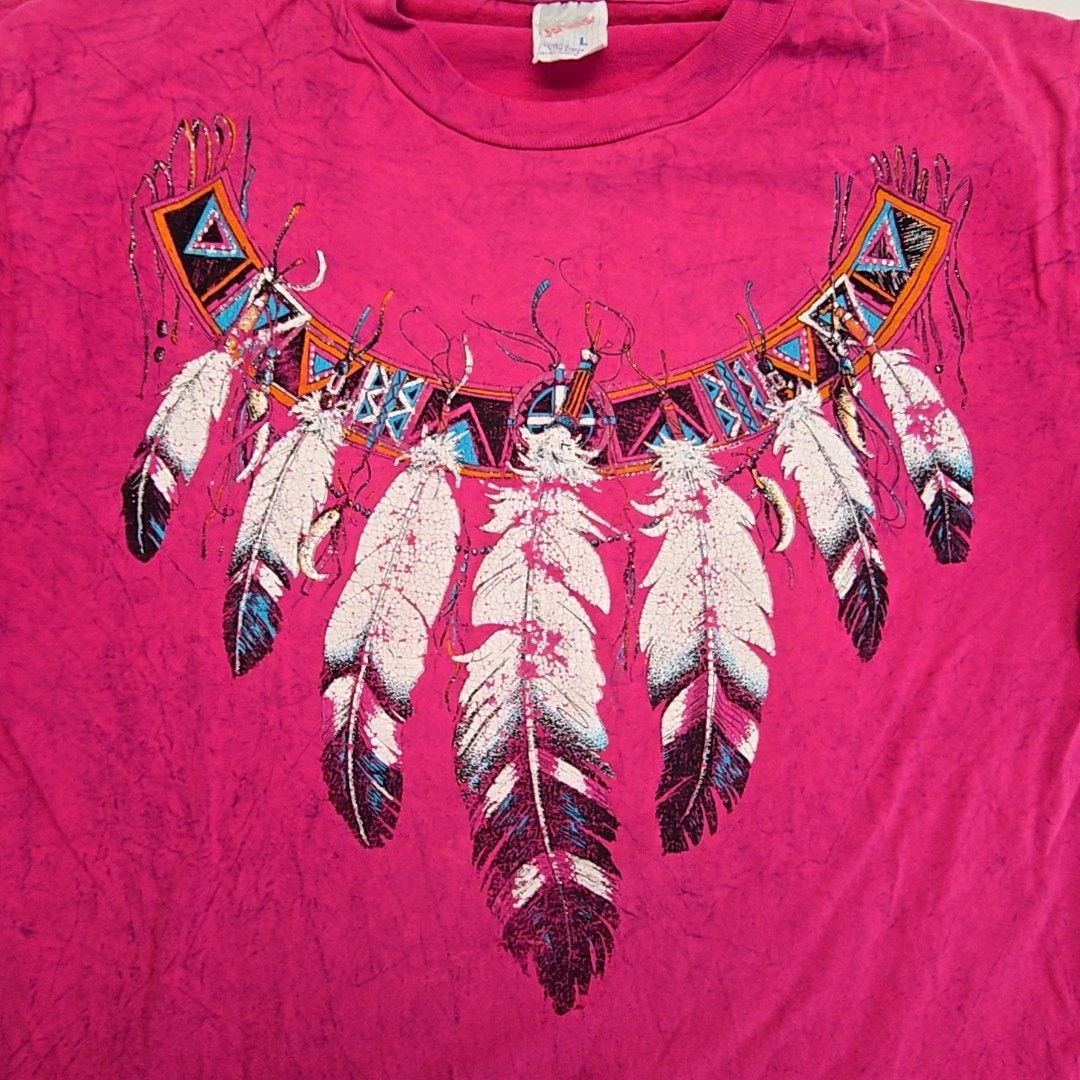Jerzees Vintage Feathers Shirt Pink Native American Print L Tee Size US L / EU 52-54 / 3 - 2 Thumbnail