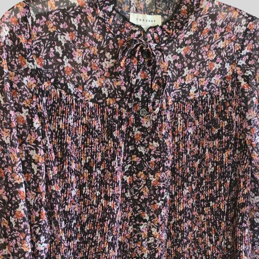 Topshop TOPSHOP Women’s Floral Sheer Blouse Boho Pleated Button-Up L Size XS / US 0-2 / IT 36-38 - 4 Thumbnail