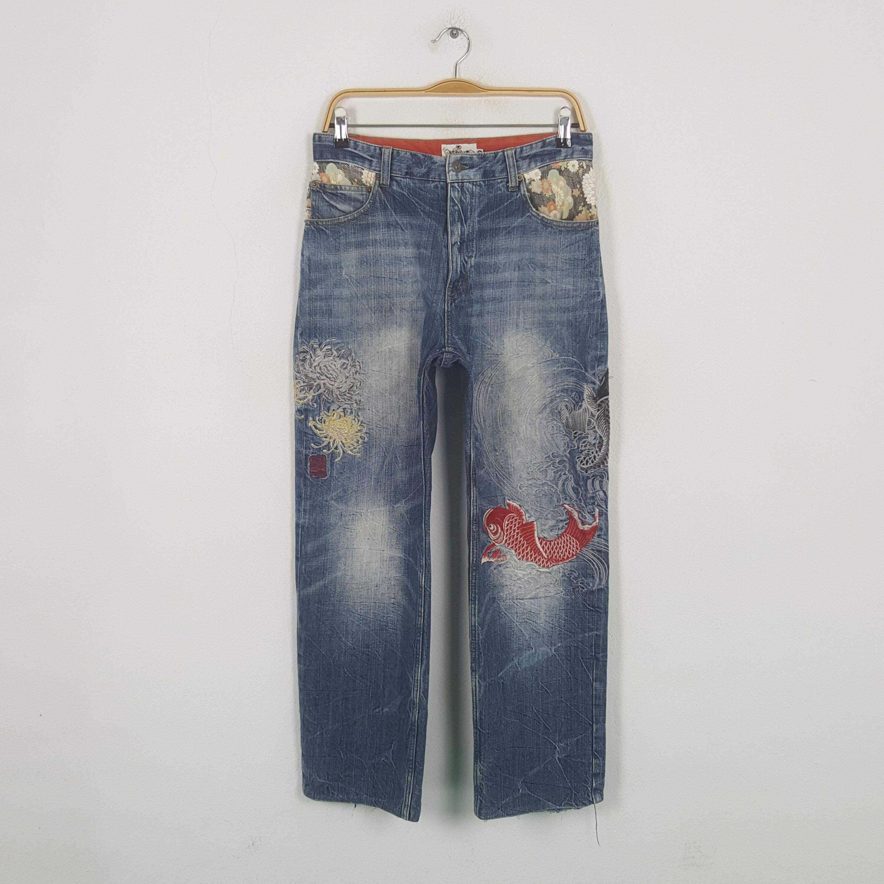 Japanese Brand Vintage Karakuri Tamashii Japanese Koi Art Denim Jeans RR9 Size US 29 - 1 Thumbnail
