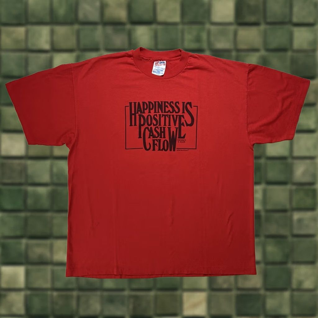 Hanes VINTAGE Happiness Is Positive Cash Flow Frederick R. Adler Boardroom Tee XL 90s Red Unisex Size US XL / EU 56 / 4 - 1 Thumbnail