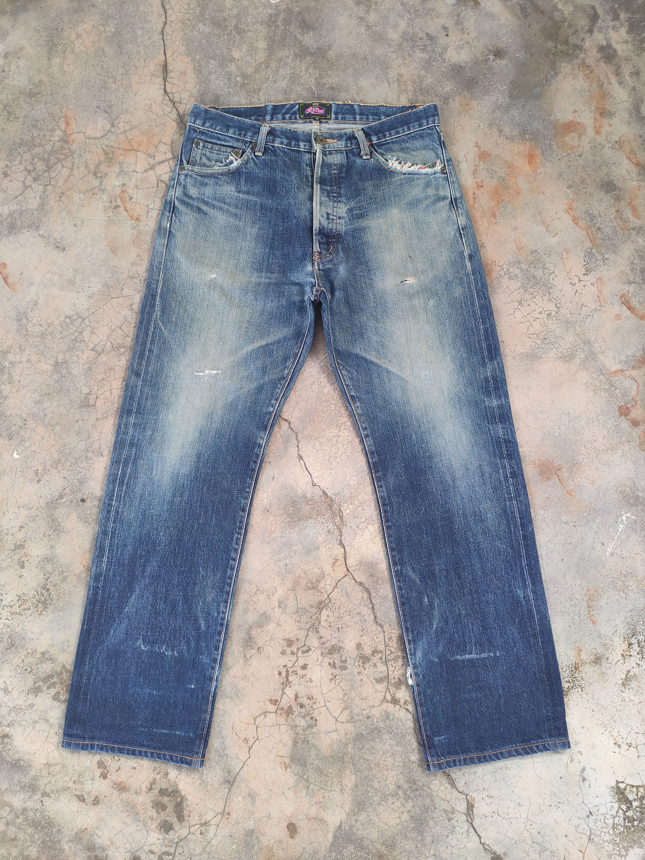 Japanese Brand W32 VINTAGE ROTAR SELVEDGE BUTTON FLY FADED RIPPED DENIM Size US 32 / EU 48 - 1 Thumbnail