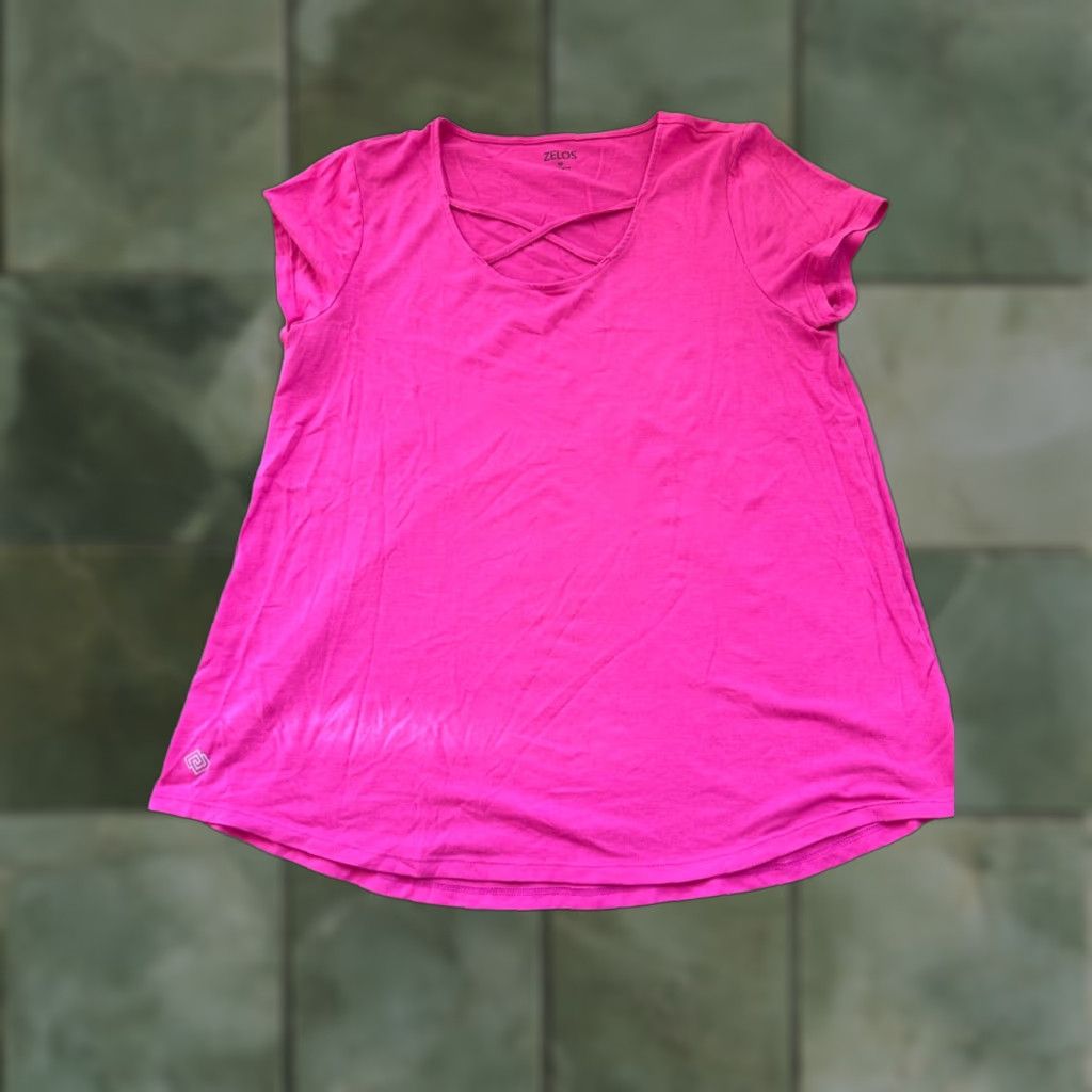 Vintage ZELLOS Knit Tee Pink Scoop Neck Short Sleeve Hi/Lo Hem Criss-Cross Straps Size Medium Womens Size M / US 6-8 / IT 42-44 - 1 Thumbnail
